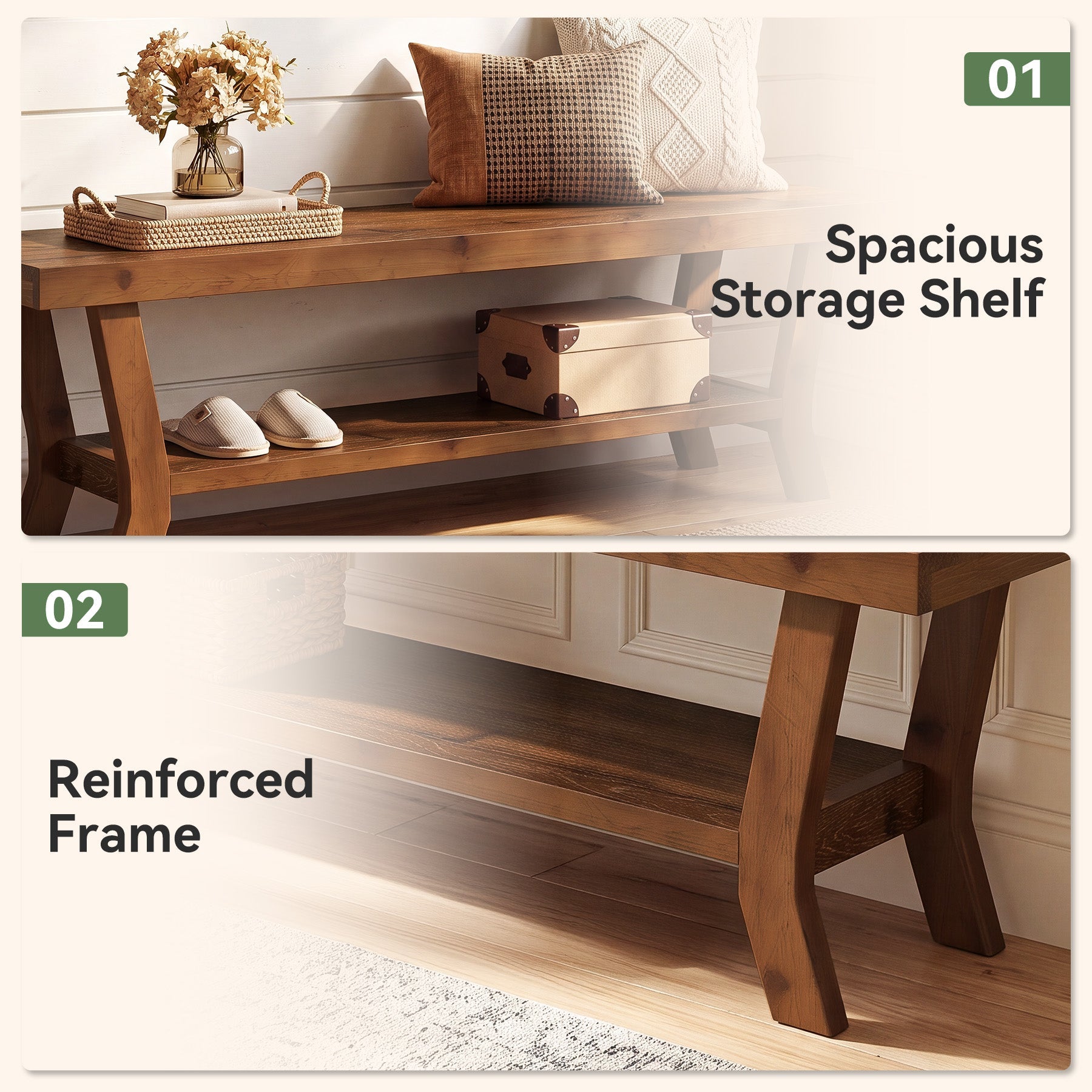 55-Inch Solid Wood Entryway Bench with Lower Shoe Shelf, Farmhouse Seat for Hallway