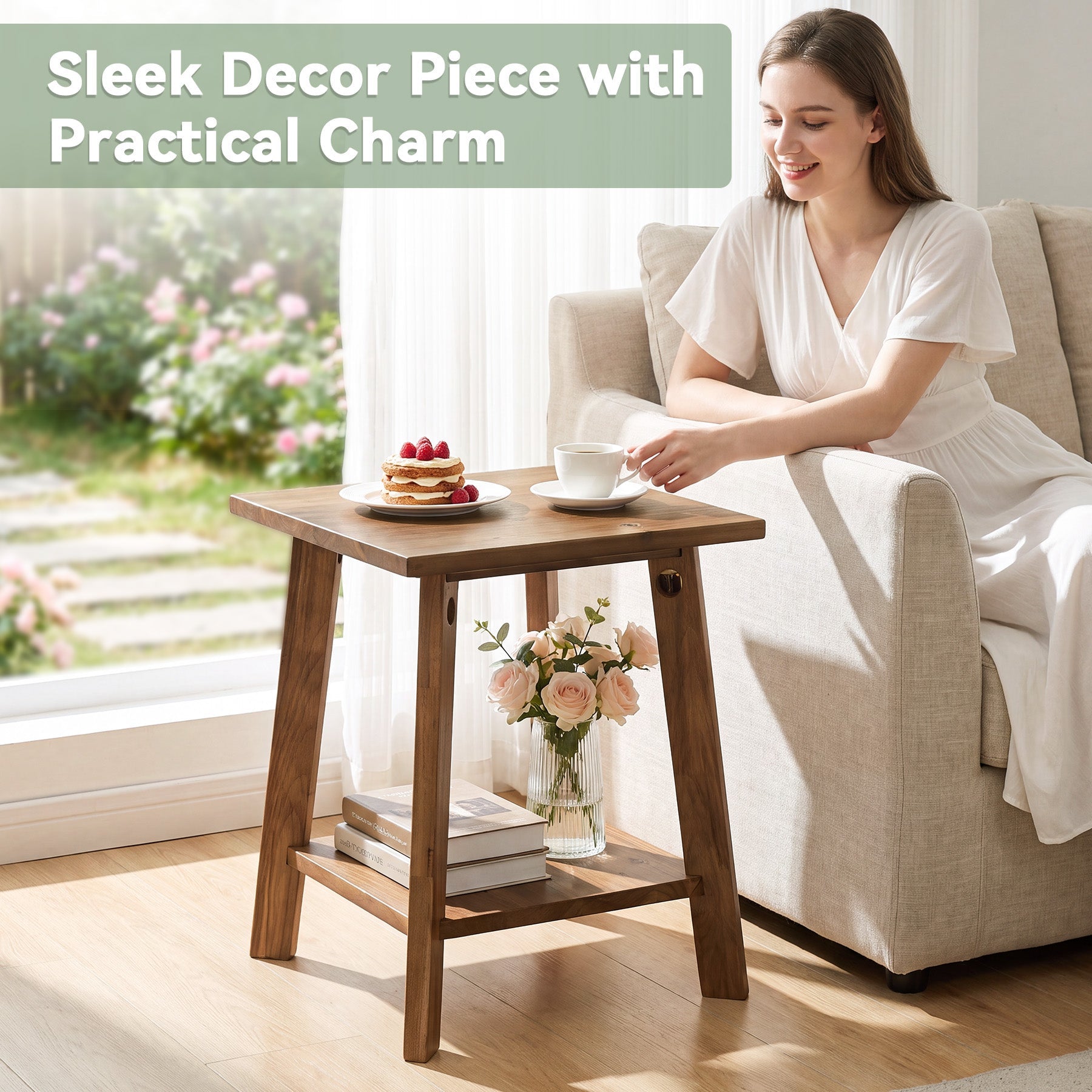 19.69" Solid Wood End Table, Small Side Table with 2-Tier Storage Shelf for Living Room