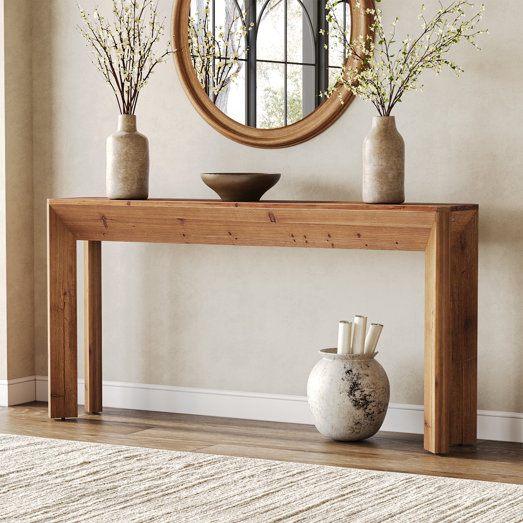 Solid Wood Console Table, 63" Entryway Table with Integrated Splayed Legs