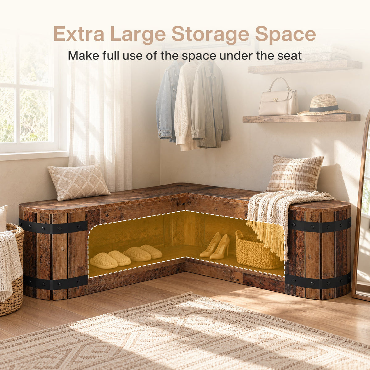 47" L-Shaped Solid Wood Shoe Storage Bench, Corner Entryway Shoe Organizer
