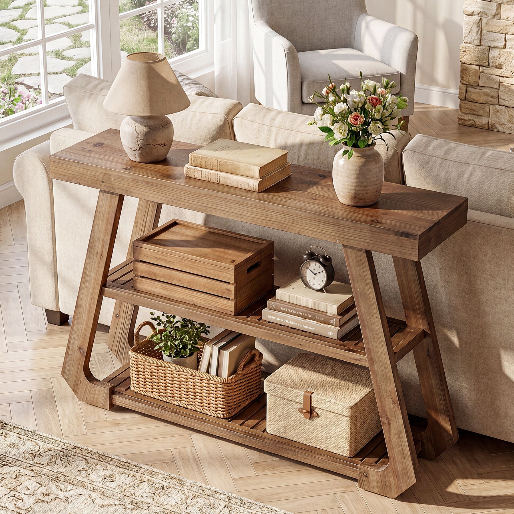 41.3" Solid Wood Console Table, 3-Tier Entryway Sofa Table for Foyer, Living Room