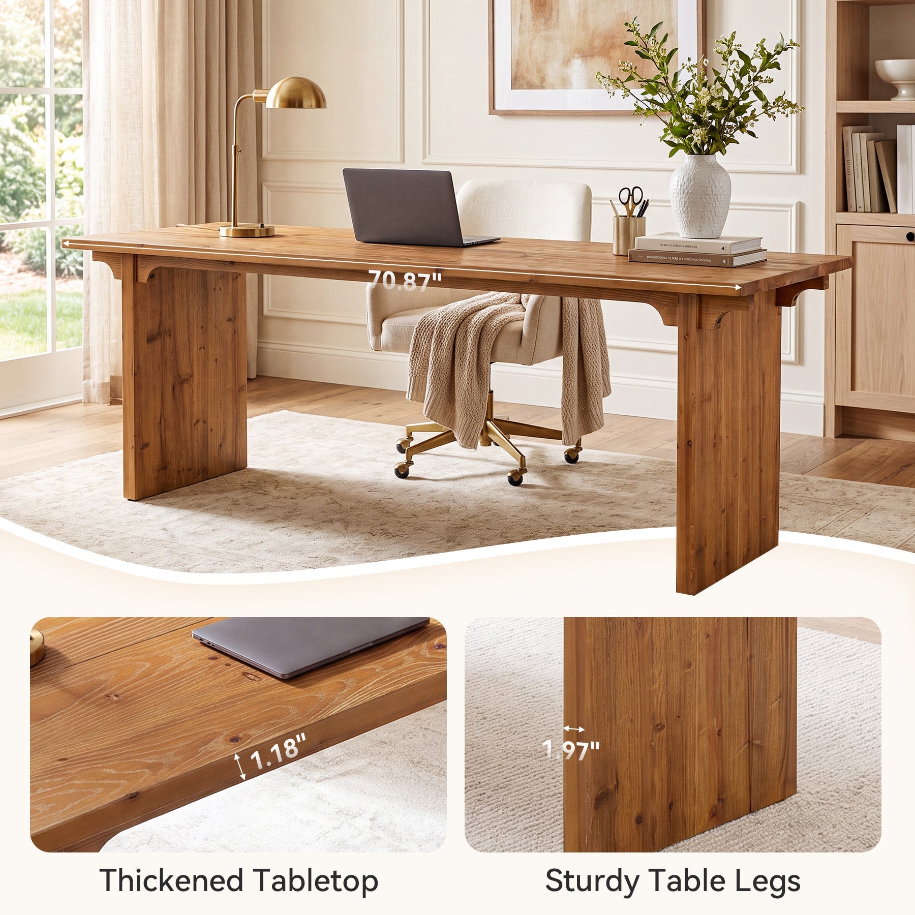 Solid Wood Executive Desk, 70.9" Computer Desk with Panel Legs for Home Office