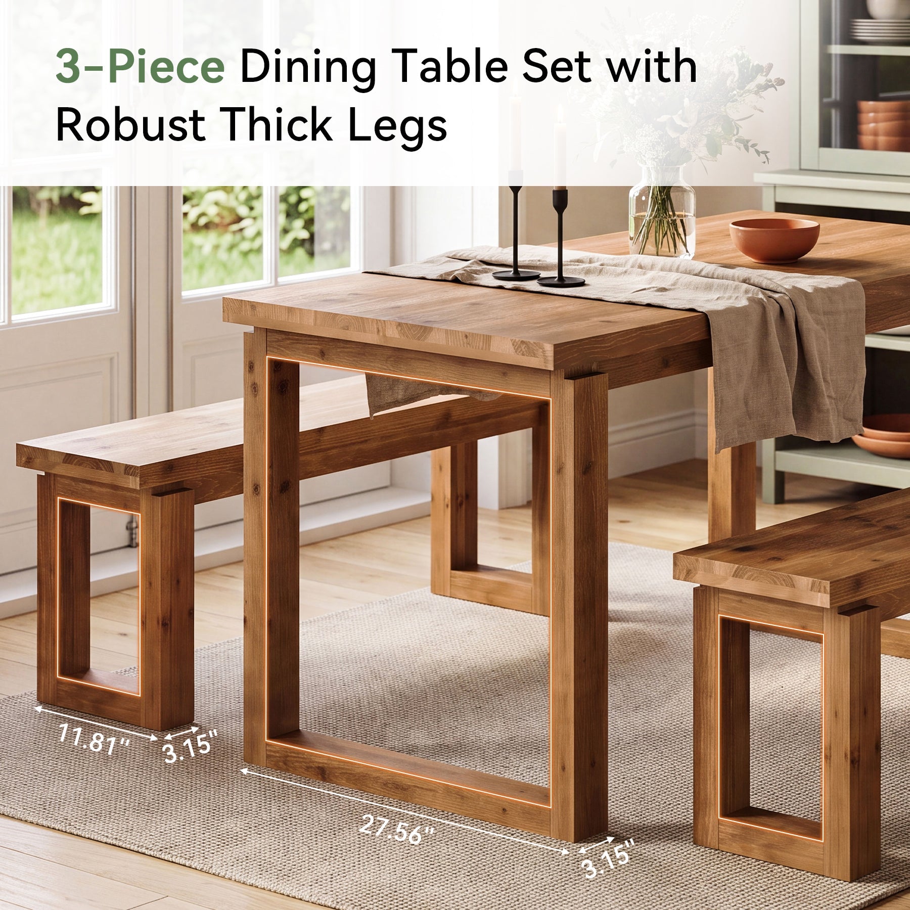 3-Piece Solid Wood Dining Table Set, Rectangular Kitchen Table with 2 Benches
