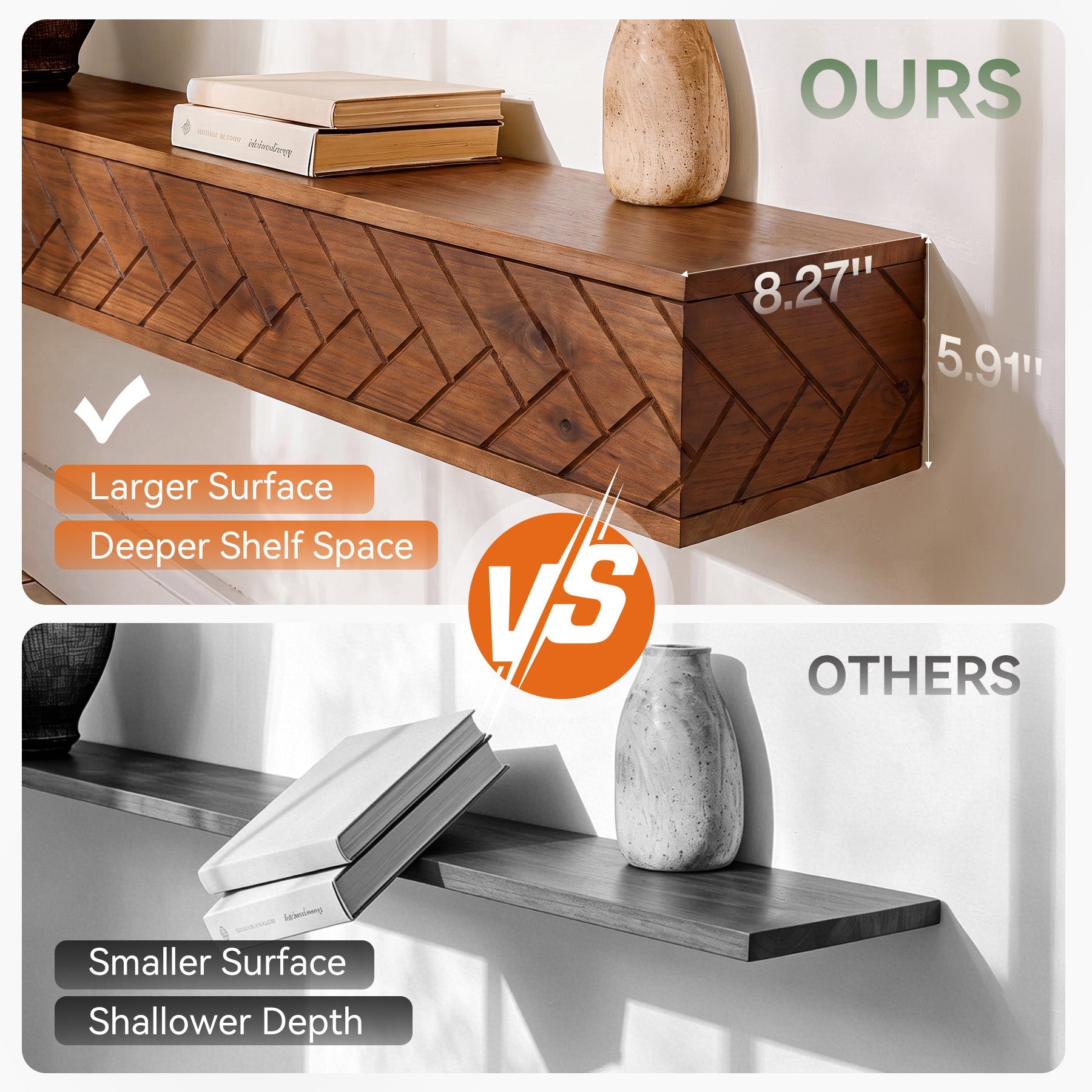 Tribesigns 70.9 Inch Solid Wood Floating Shelf, Hand-Carved Herringbone Wall Display Shelf with Hidden Bracket for Living Room