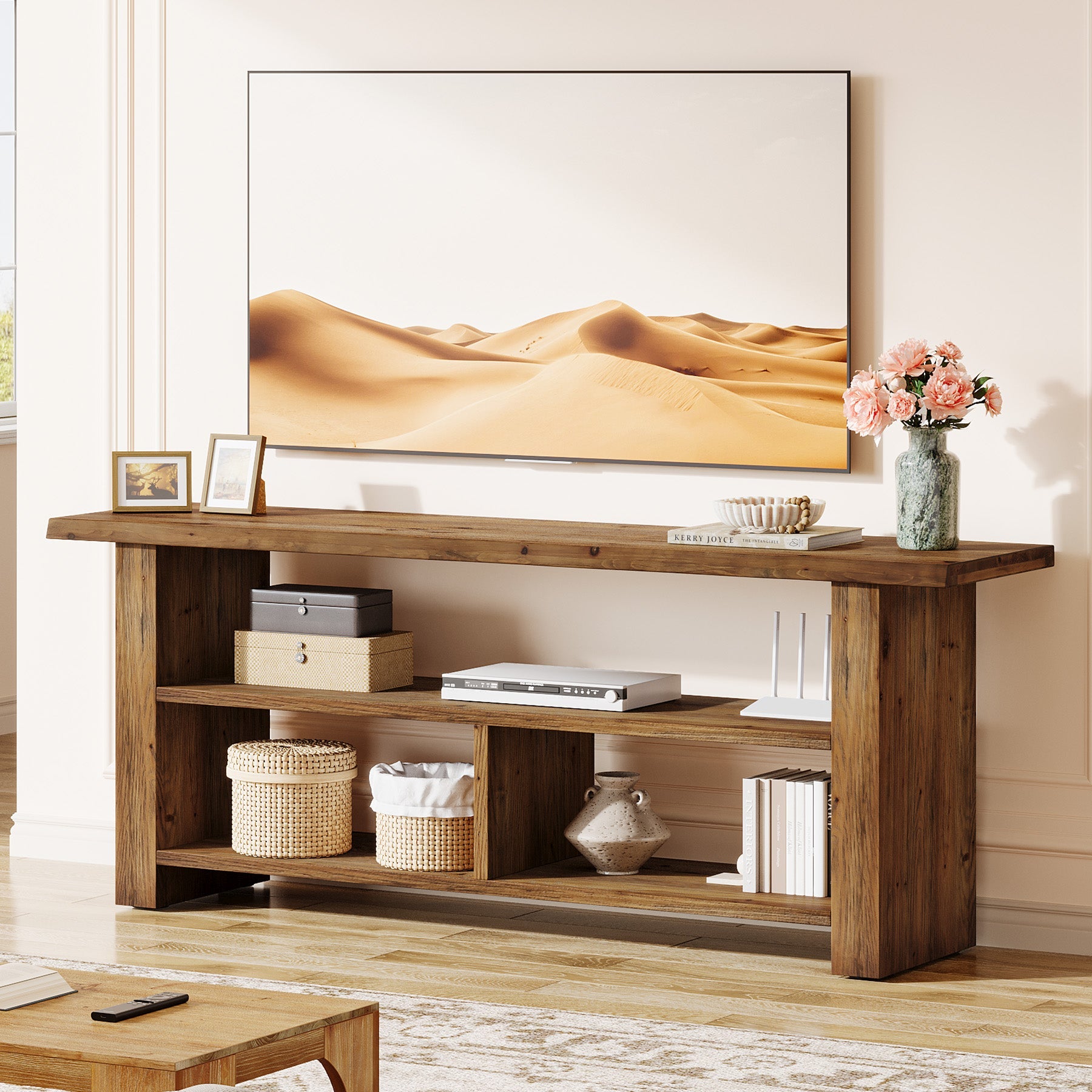 63" Solid Wood TV Stand for Up to 75 Inch TVs, Farmhouse Media Console with Open Storage Shelves