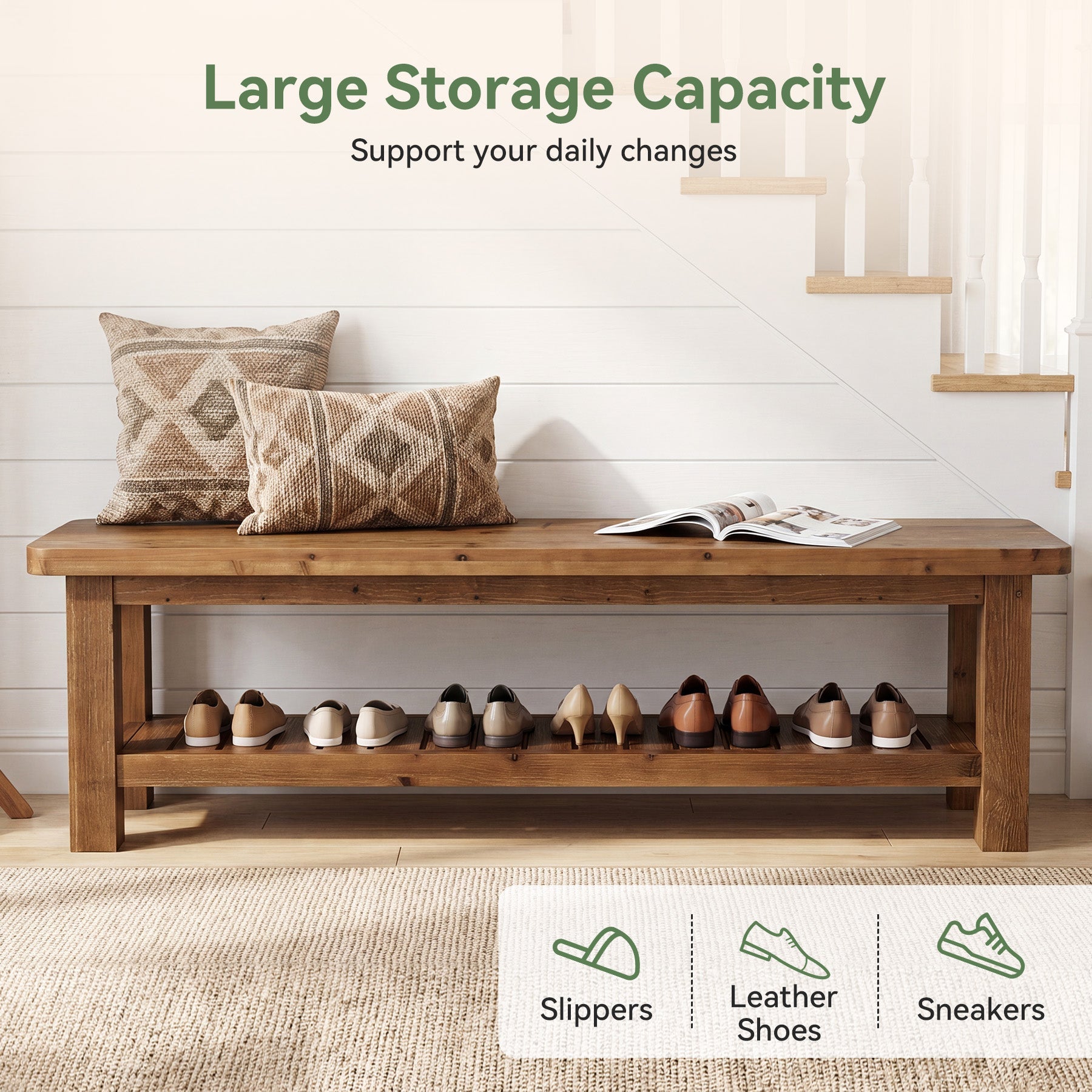 63" Solid Wood Entryway Bench with Storage, 2-Tier Farmhouse Shoe Bench for Hallway