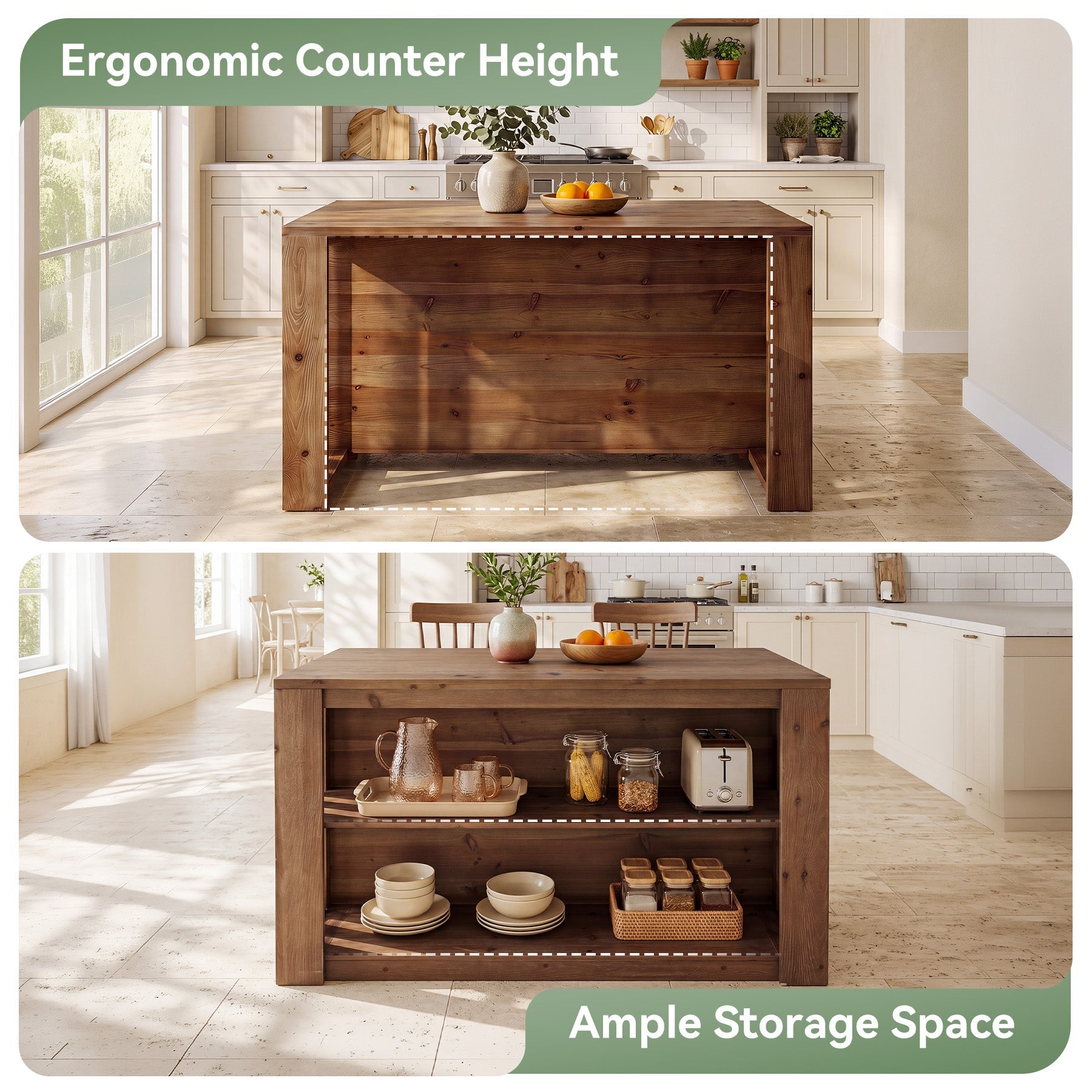 55" Kitchen Island, Solid Wood Stationary Island Table with 2-Tier Storage