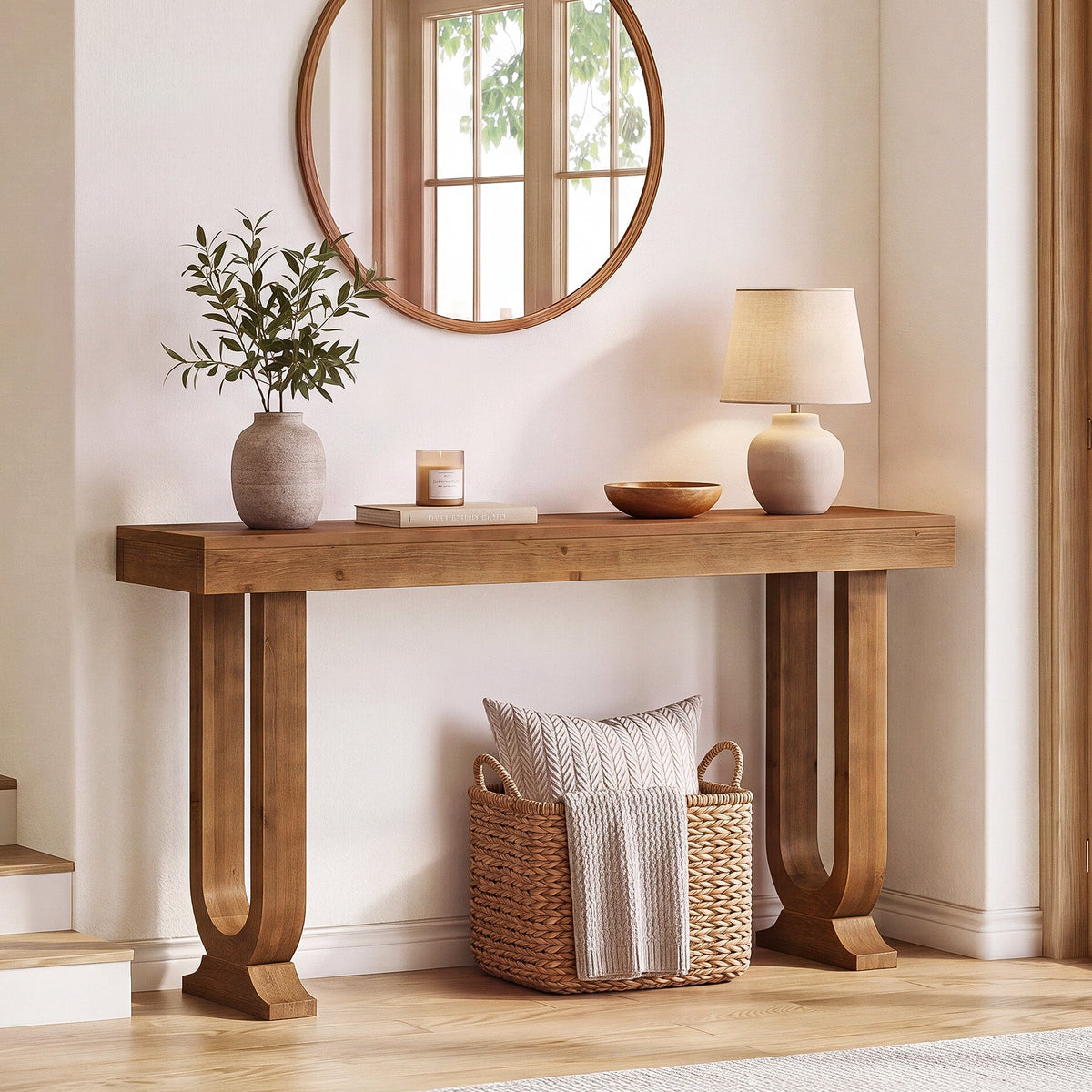 63" Farmhouse Console Table, Thick Solid Wood & Unique Legs, Entryway Sofa Table