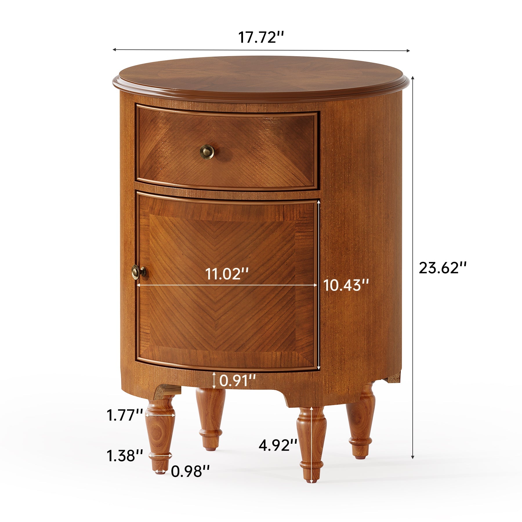 17.7" Round End Table, Solid Wood Sofa Side Table Nightstand with Drawer