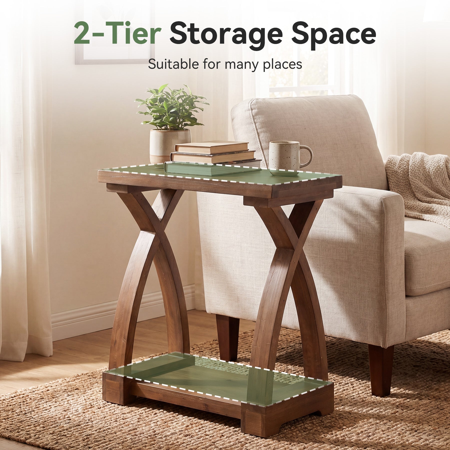 23.62" Solid Wood End Table, 2-Tier Side Table with Curved X-Frame for Small Spaces