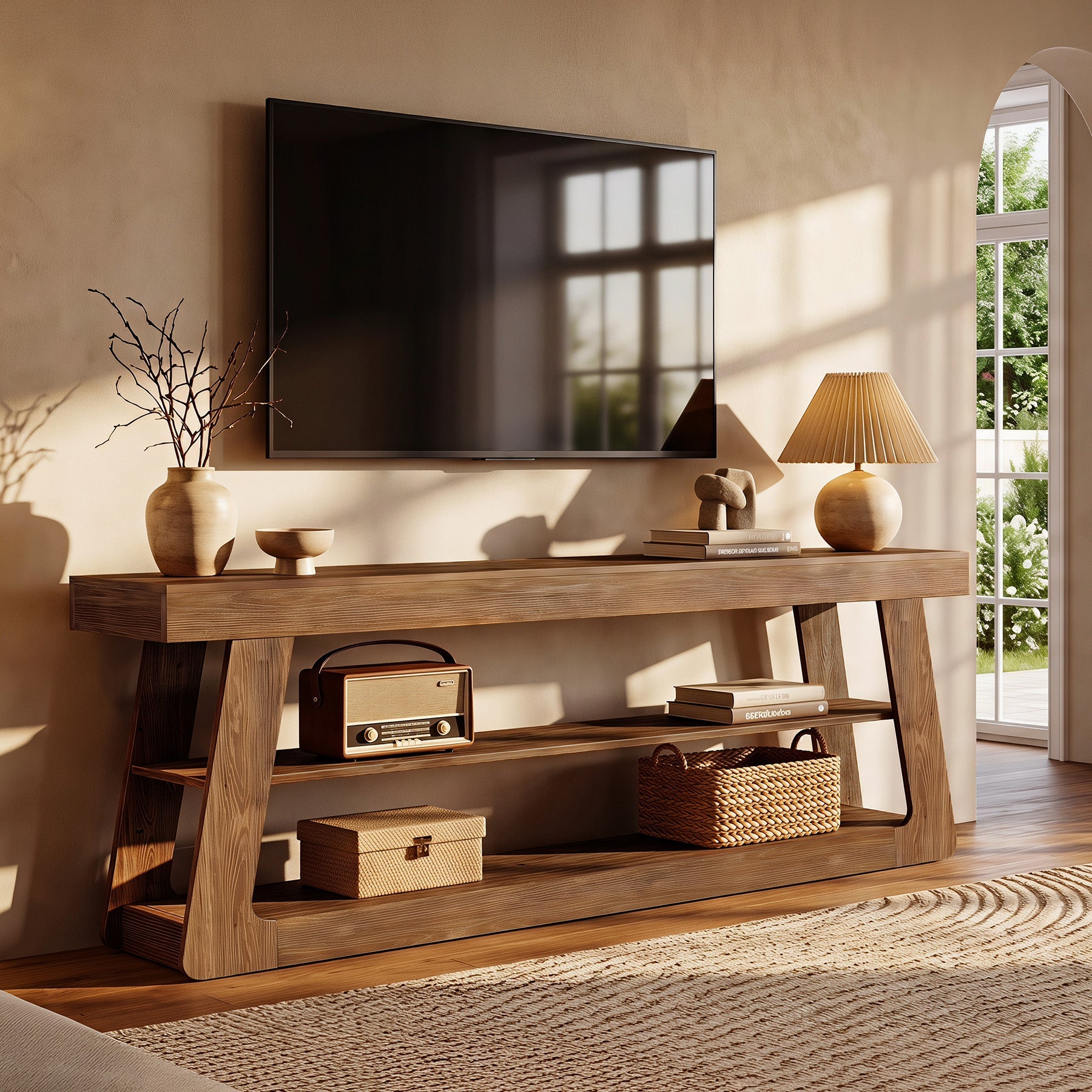 63" Solid Wood TV Stand, 3-Tier Storage Entertainment Center For Living Room