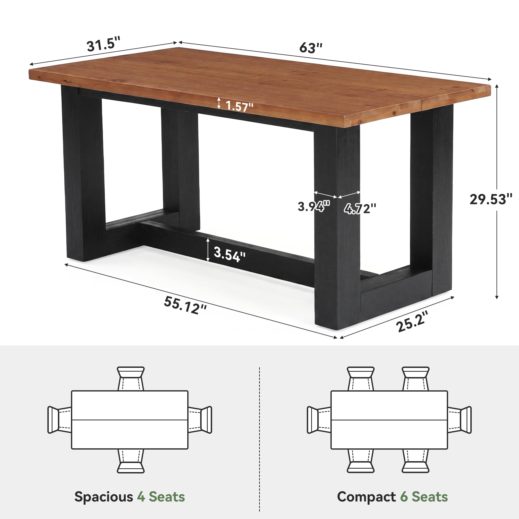 63" Rectangle Dining Table, Solid Wood Kitchen Table with Heavy-Duty Legs for 6 People
