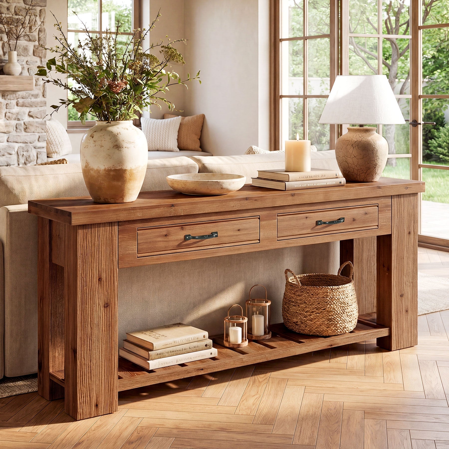 63" Solid Wood Console Table, Entryway Sofa Table with 2 Drawers and Open Slatted Shelf