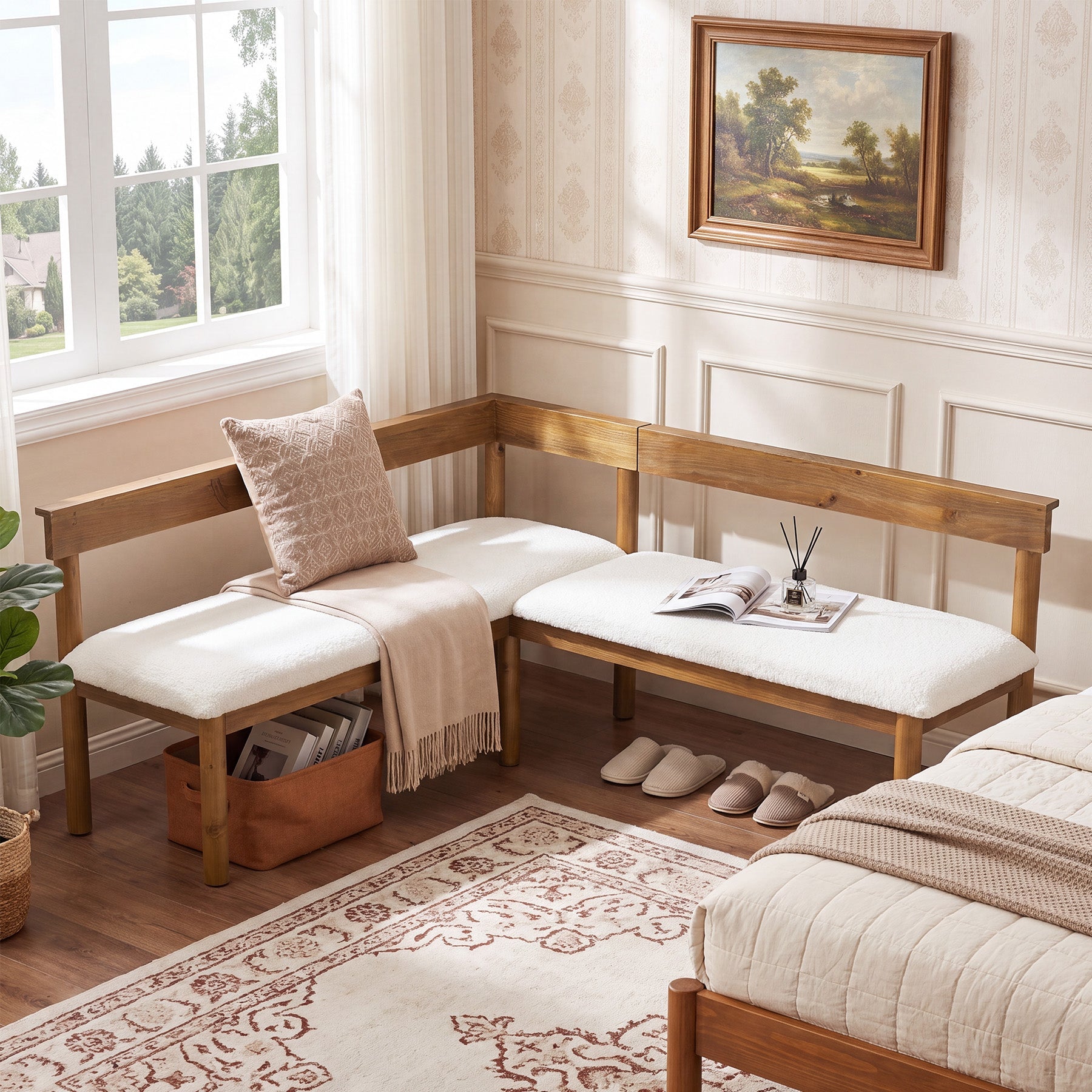 Solid Wood L-Shaped Bench, Upholstered Corner Kitchen Bench with Backrest