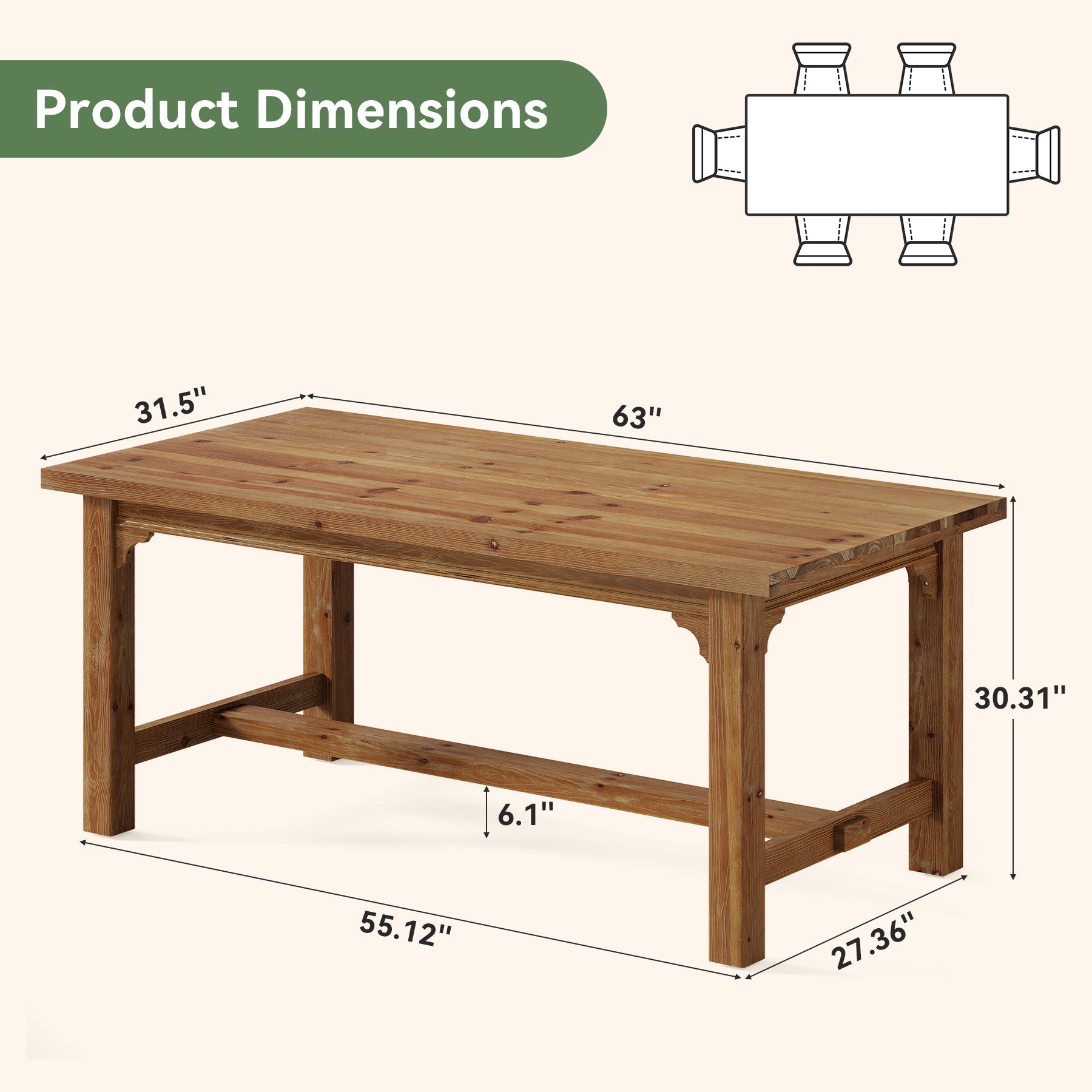 Solid Wood Dining Table, 63" Rectangular Kitchen Table with Foot Bar