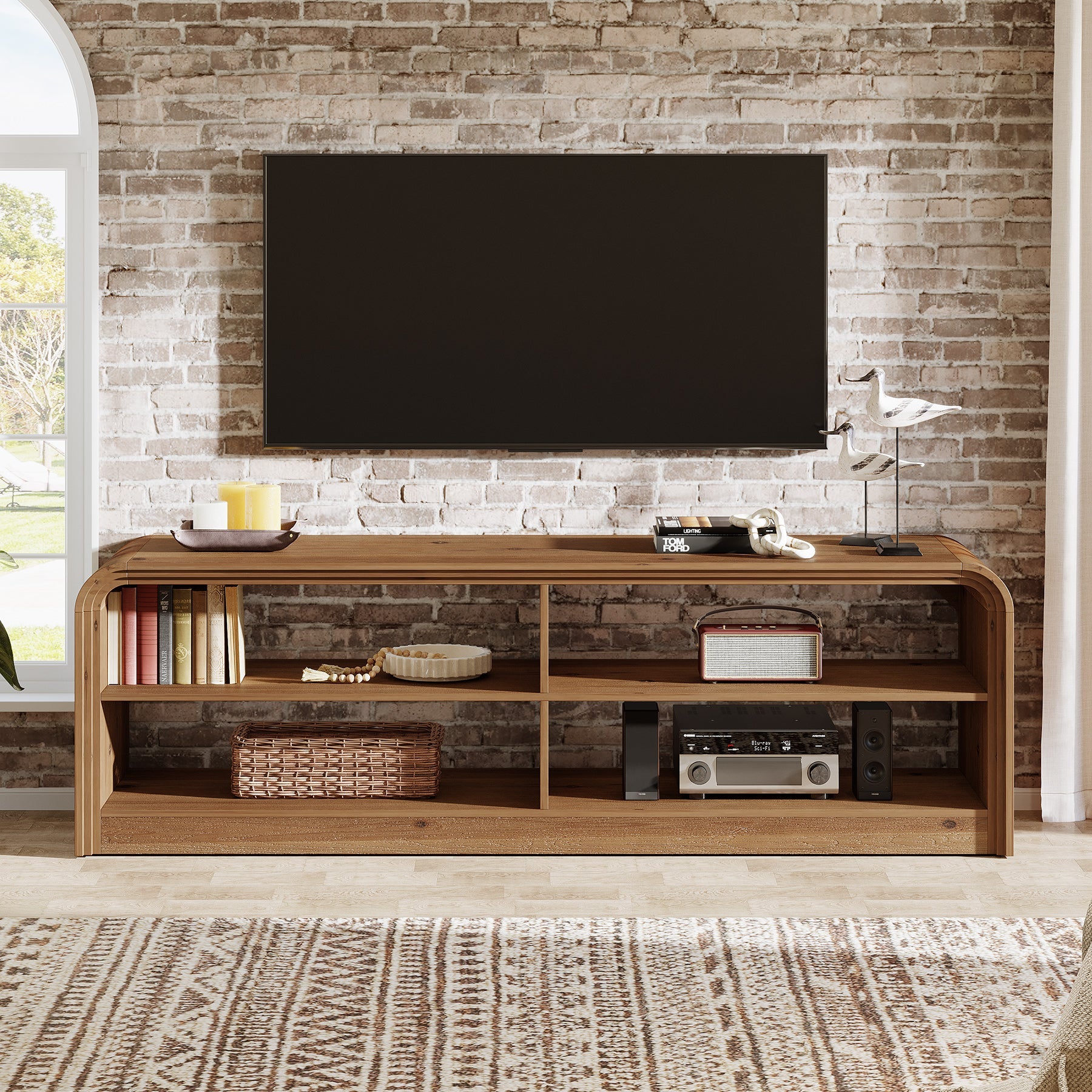 Solid Wood TV Stand, 63" TV Console Table with Storage for 55/60/65/75-Inch TVs