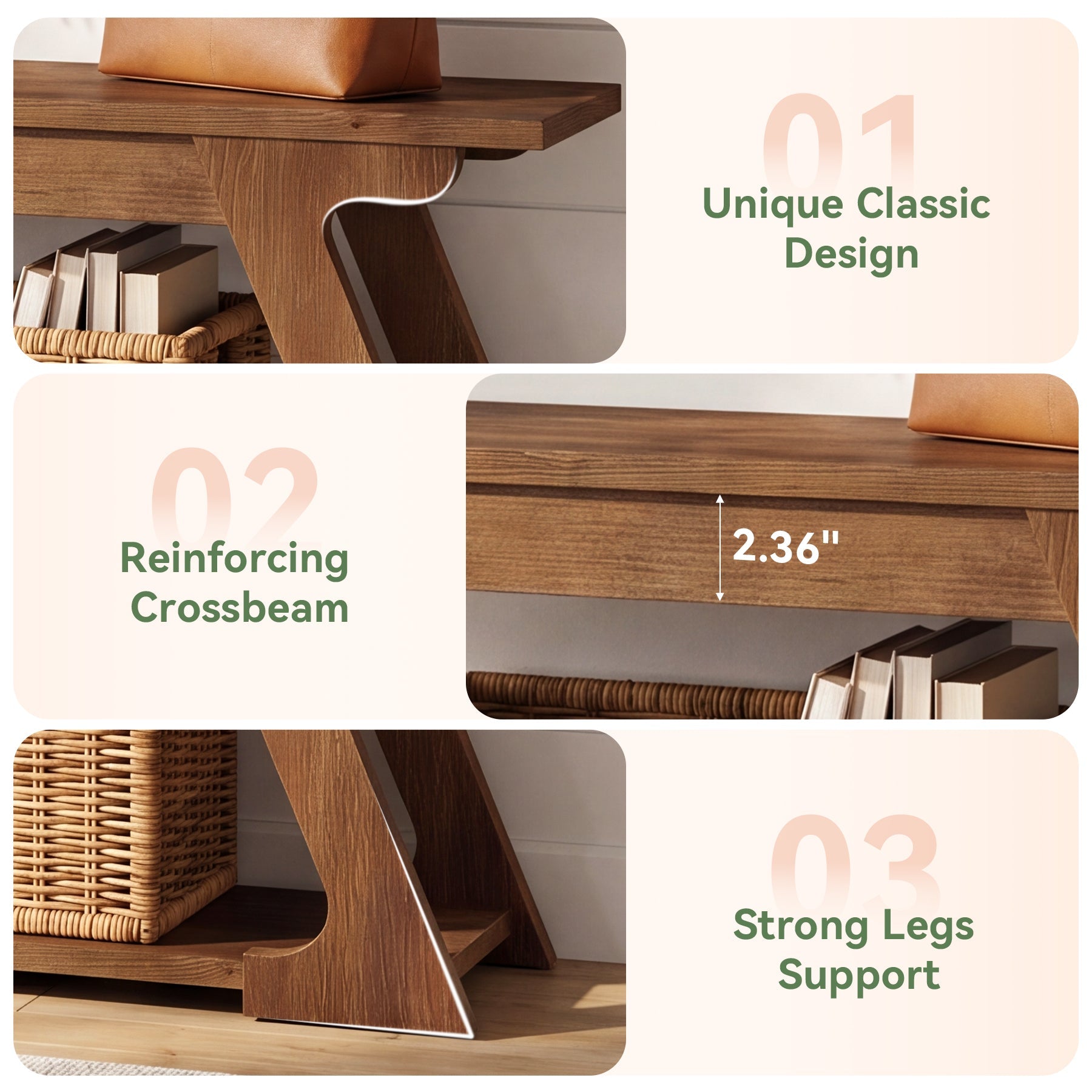 59" Solid Wood Entryway Bench, End of Bed Bench with Trapezoidal-Shaped Leg
