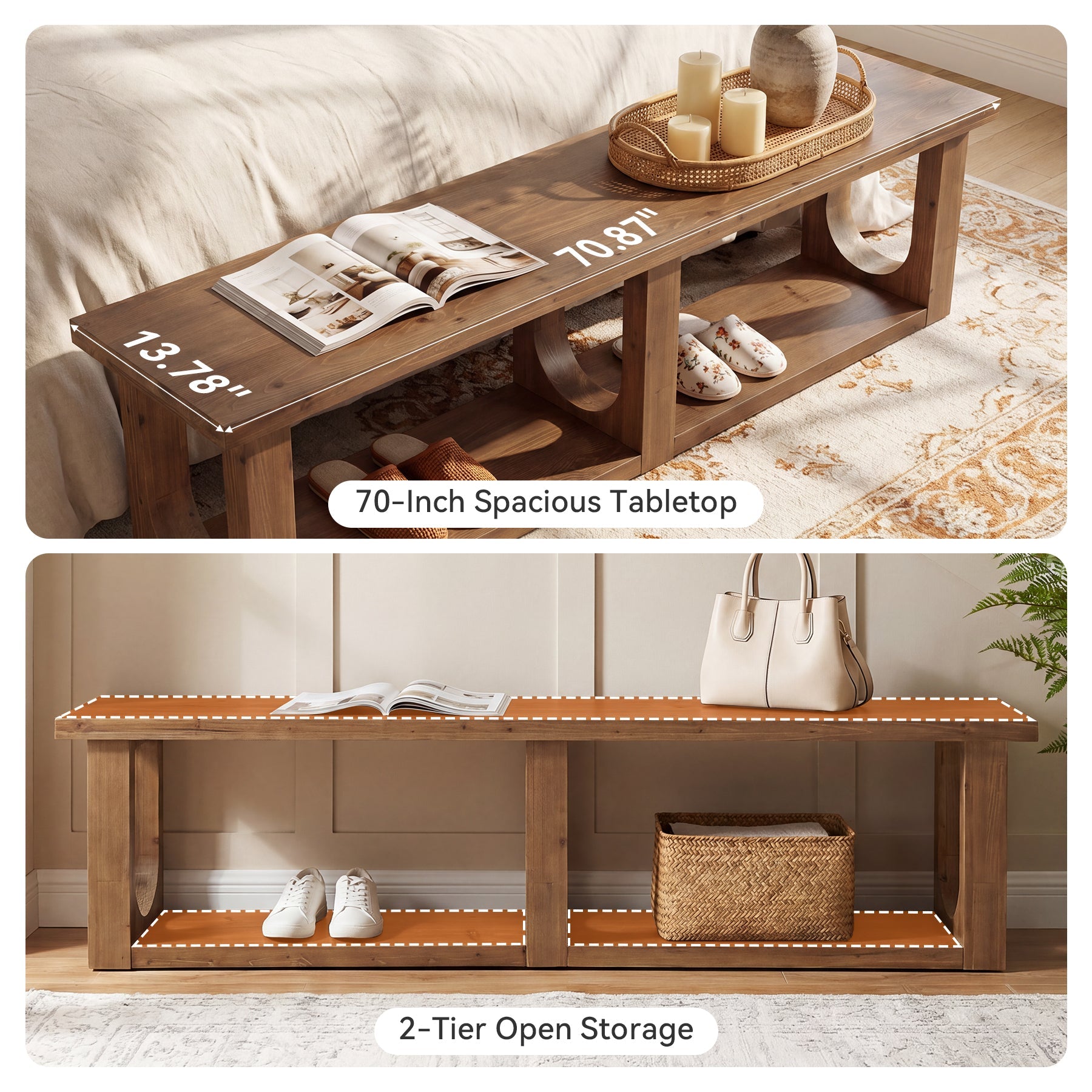 70.9" Solid Wood Entryway Bench, Farmhouse Shoe Bench with 2-Tier Storage for Hallway