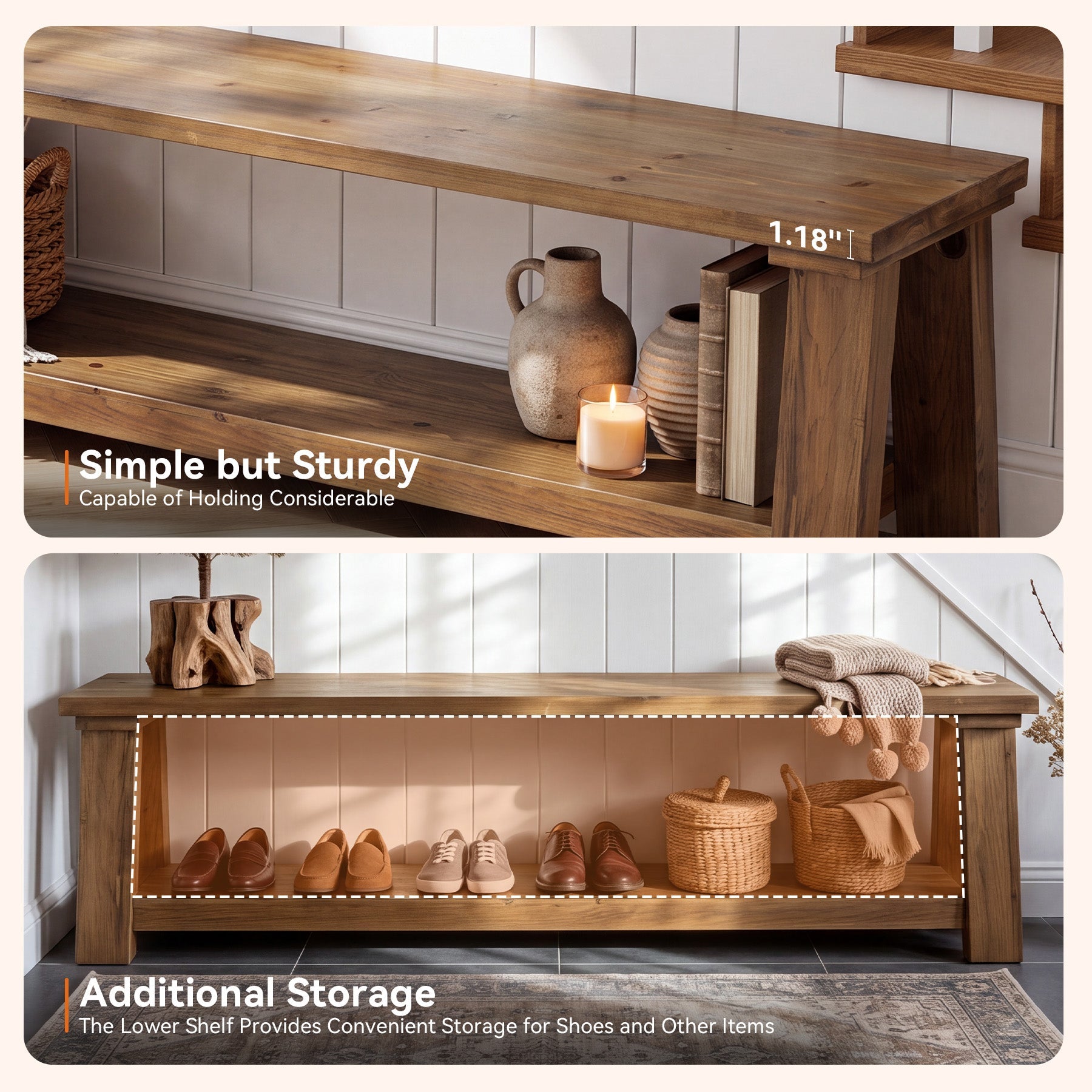 70.87" Solid Wood Entryway Bench, 2-Tier Shoe Bench with Storage Shelf for Hallway