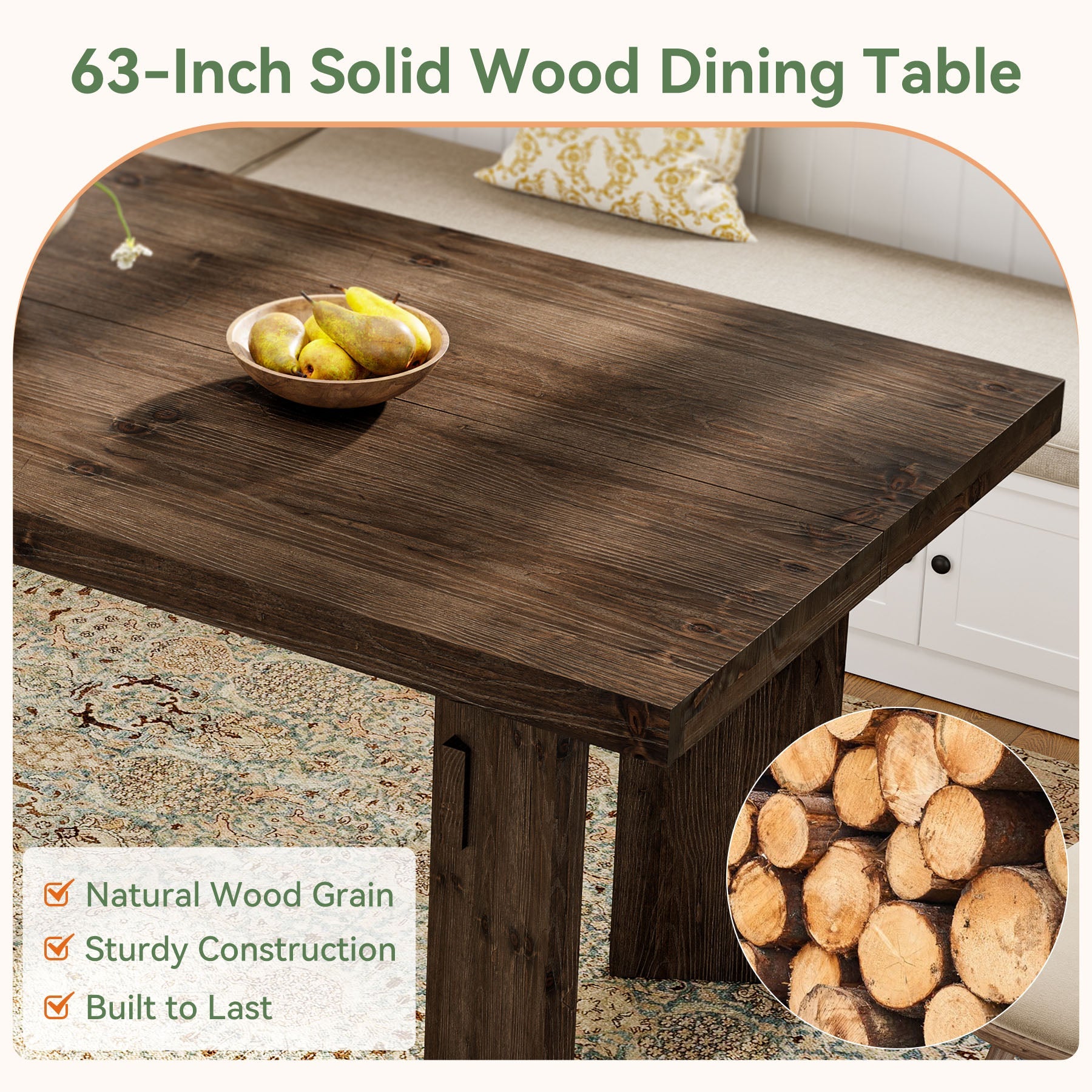Solid Wood Dining Table for 4-6 People, 63" Rectangular Kitchen Table