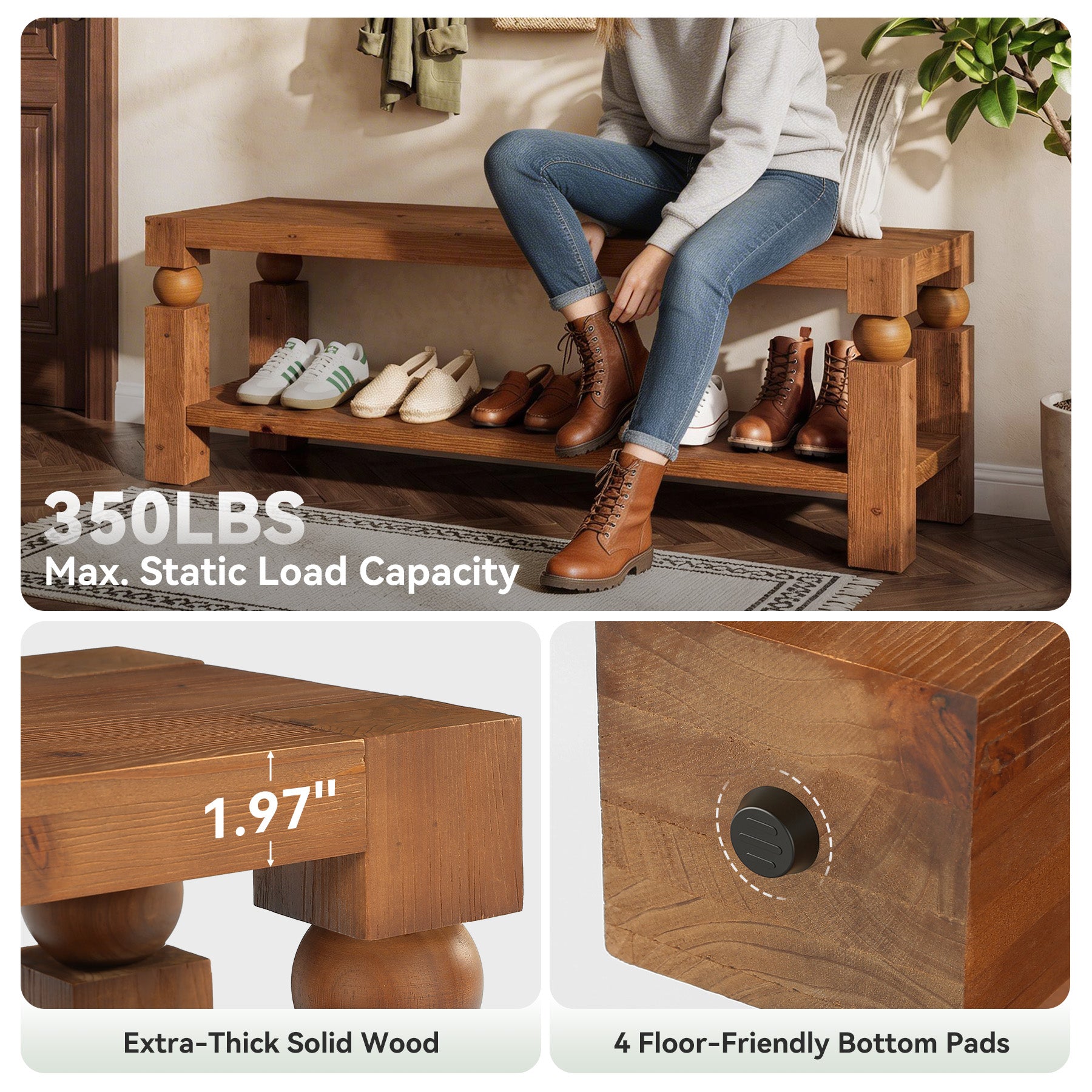 Solid Wood Entryway Bench, 47" Shoe Storage  Bench with Shelf for Hallway