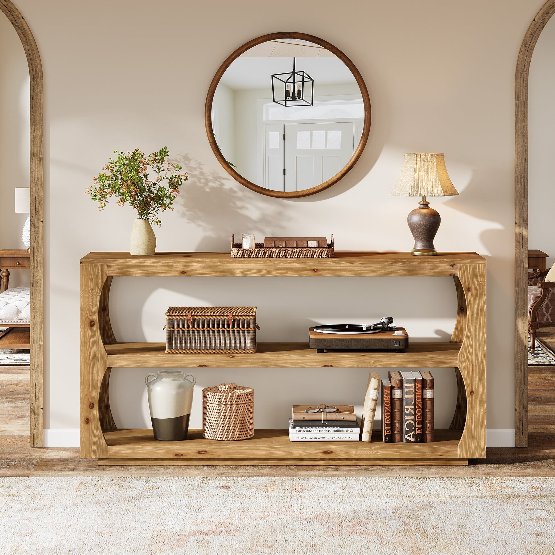 63" Solid Wood Console Table, Farmhouse Narrow Entryway Sofa Table with 3-Tier Storage