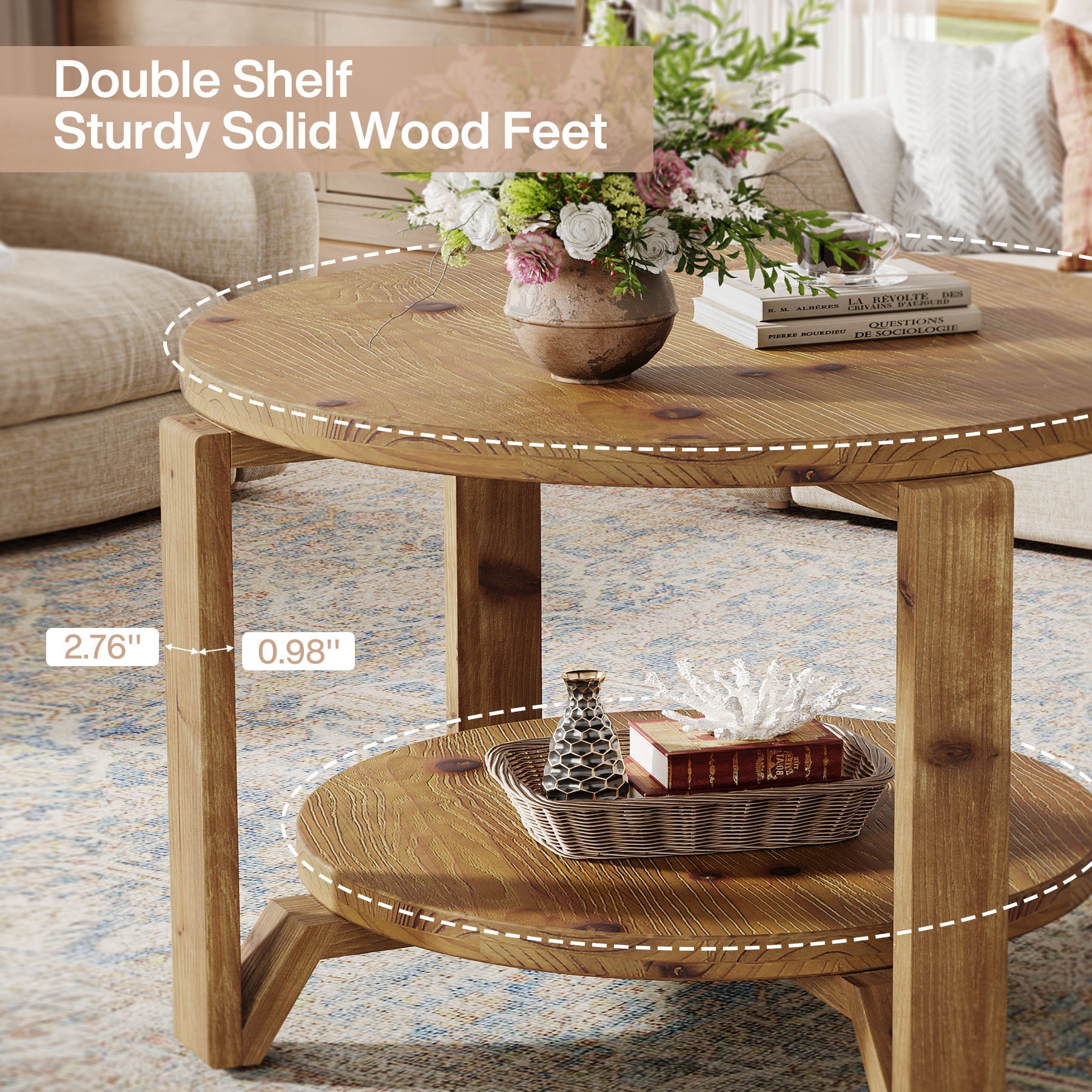 30" Solid Wood Coffee Table, Round Small Center Table with 2-Tier Storage