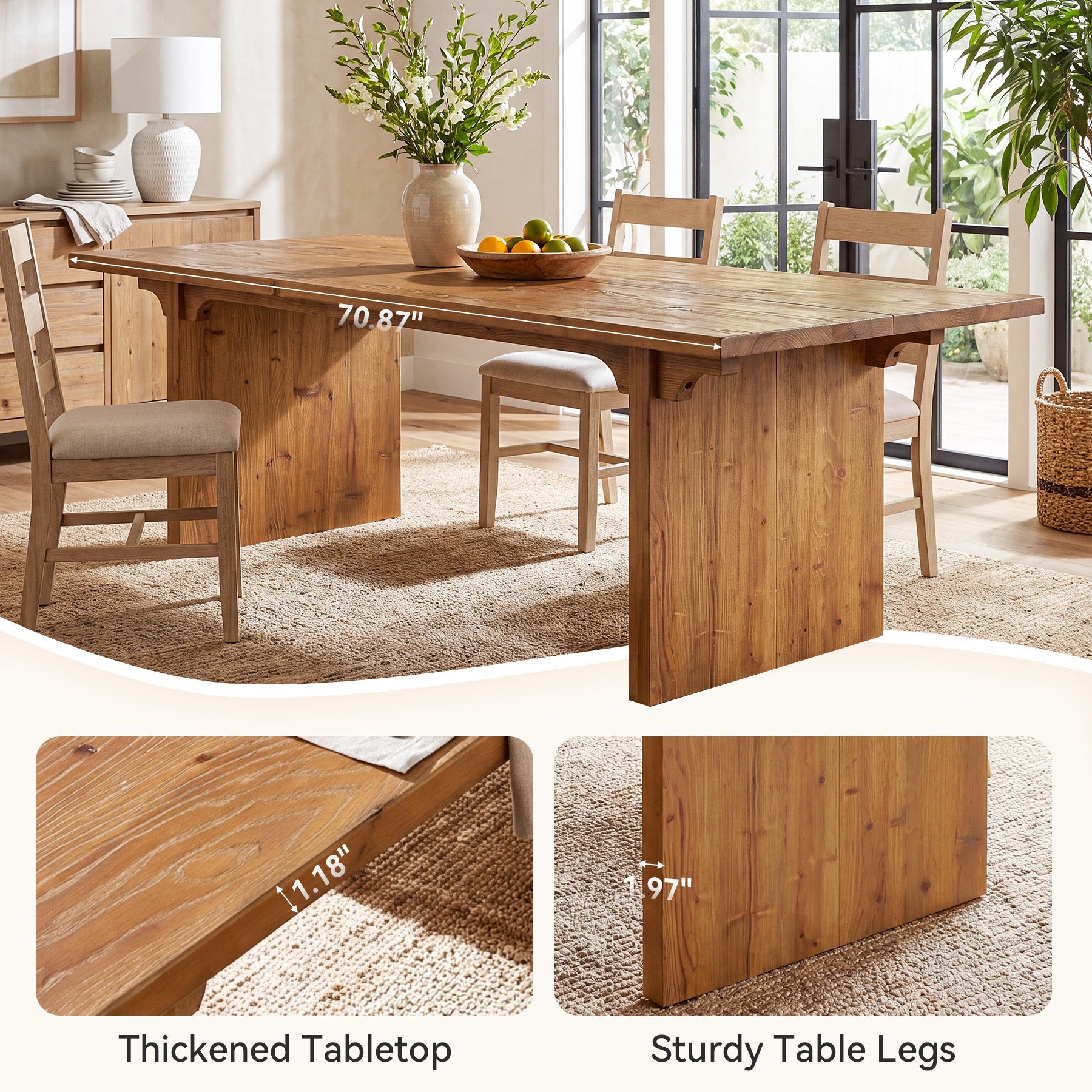 70.9" Solid Wood Dining Table for 4-6, Rectangle Dinner Table for Dining Room