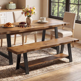 55" Solid Wood Dining Bench, Live Edge Dining Seat with Storage Shelf & Metal Legs 3