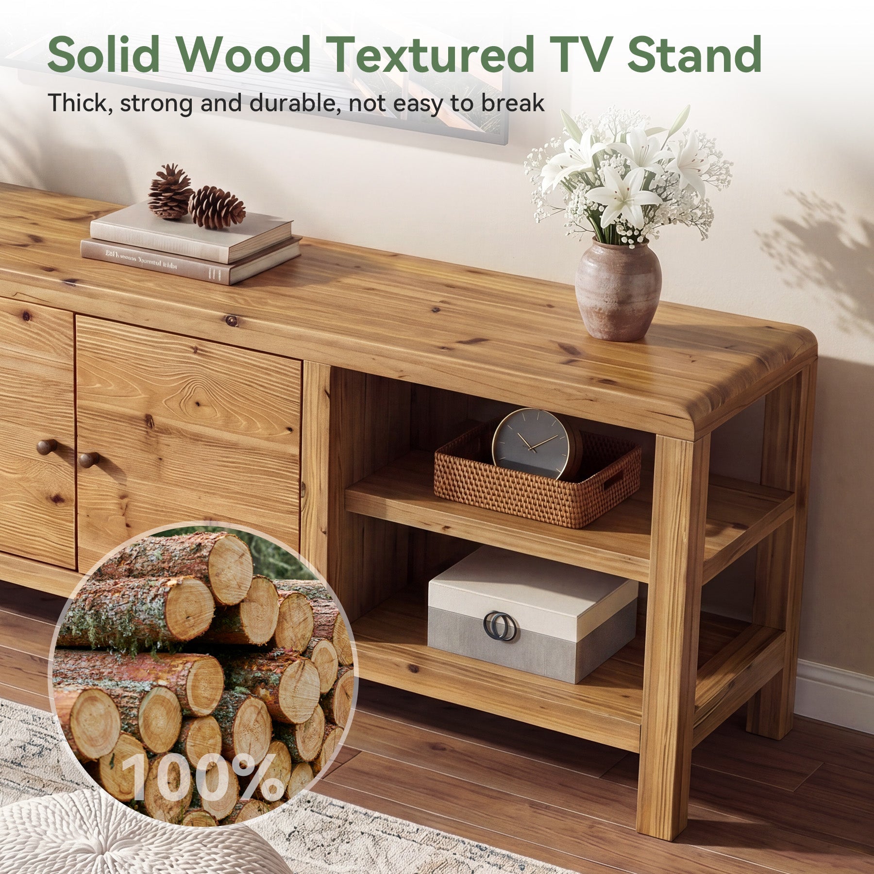 70.9-Inch Solid Wood TV Stand with Door and Storage Shelves, Farmhouse Entertainment Center for TVs up to 80 Inches