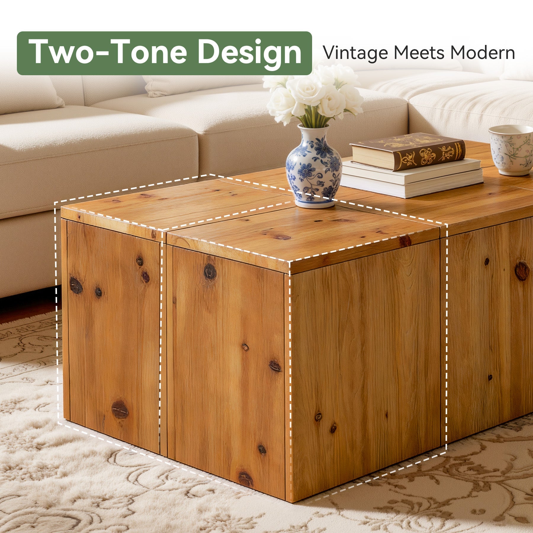 47" Rectangle Coffee Table, Solid Wood Center Table with Natural Wood Grain