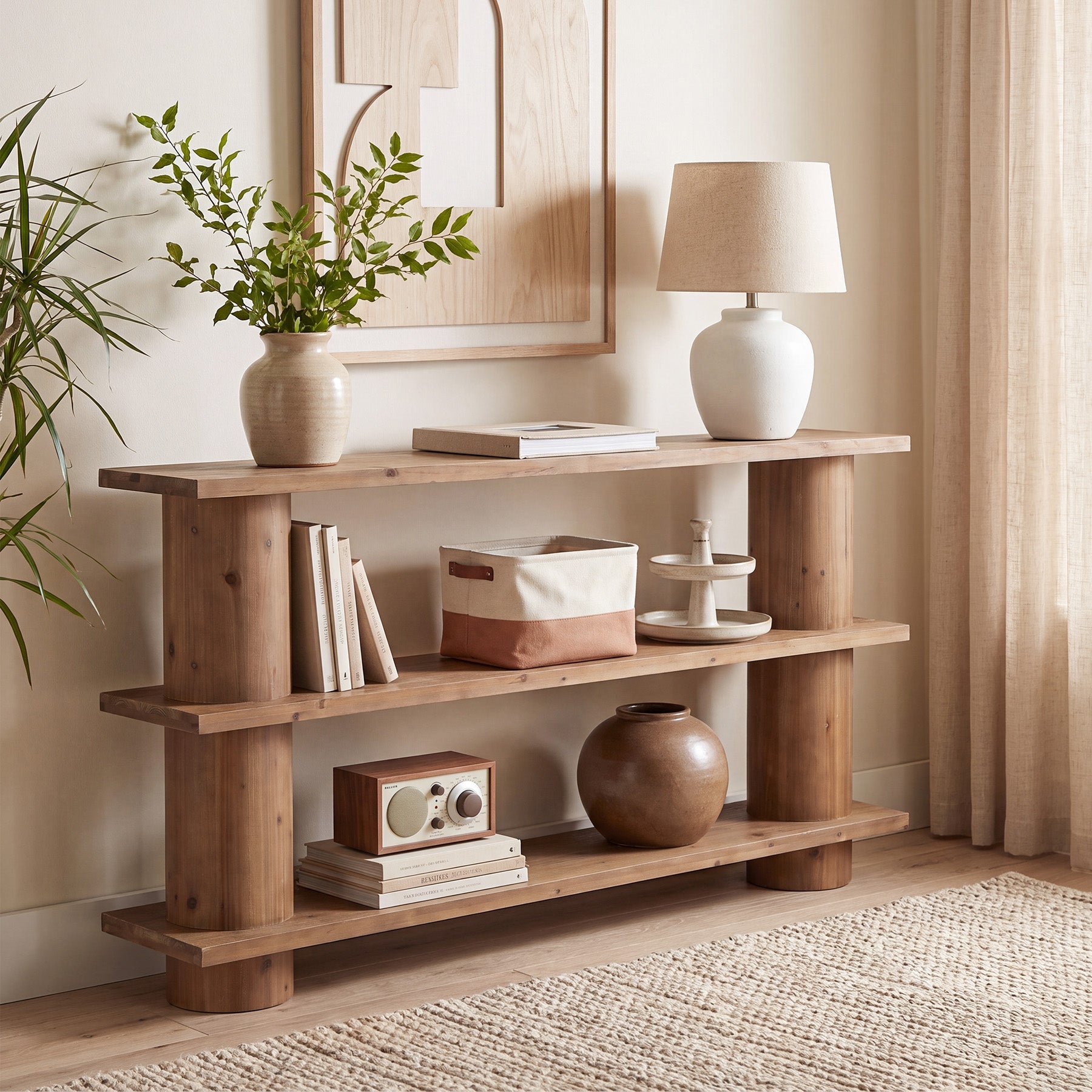 63" Solid Wood Console Table, 3-Tier Sofa Entryway Table with Cylindrical Legs