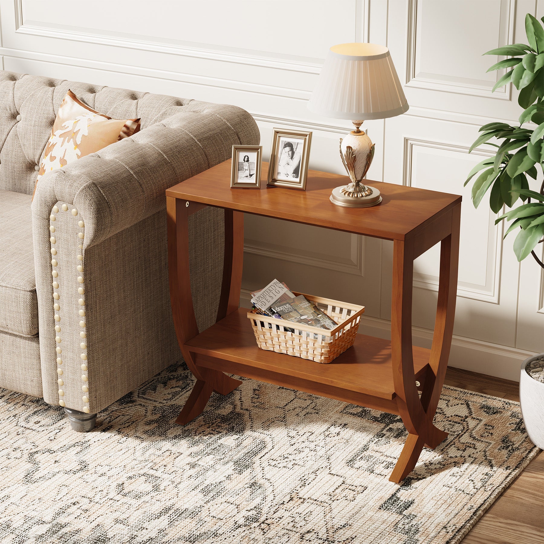 Solid  Wood End Table, 2-Tier Couch Side Table with Arched Legs