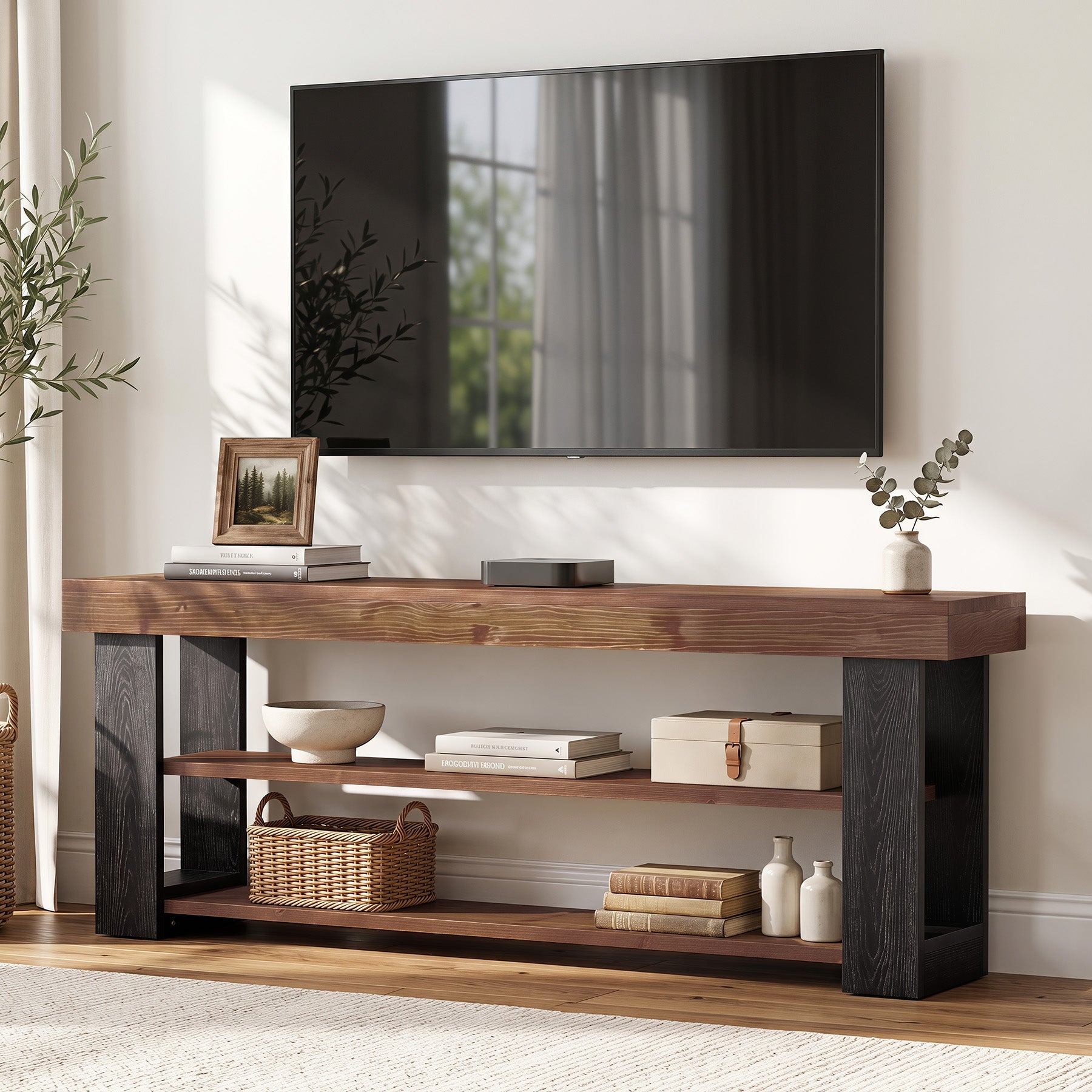 63" TV Stand for 65/70" TVs, Farmhouse Solid Wood Media Console, Entertainment Center