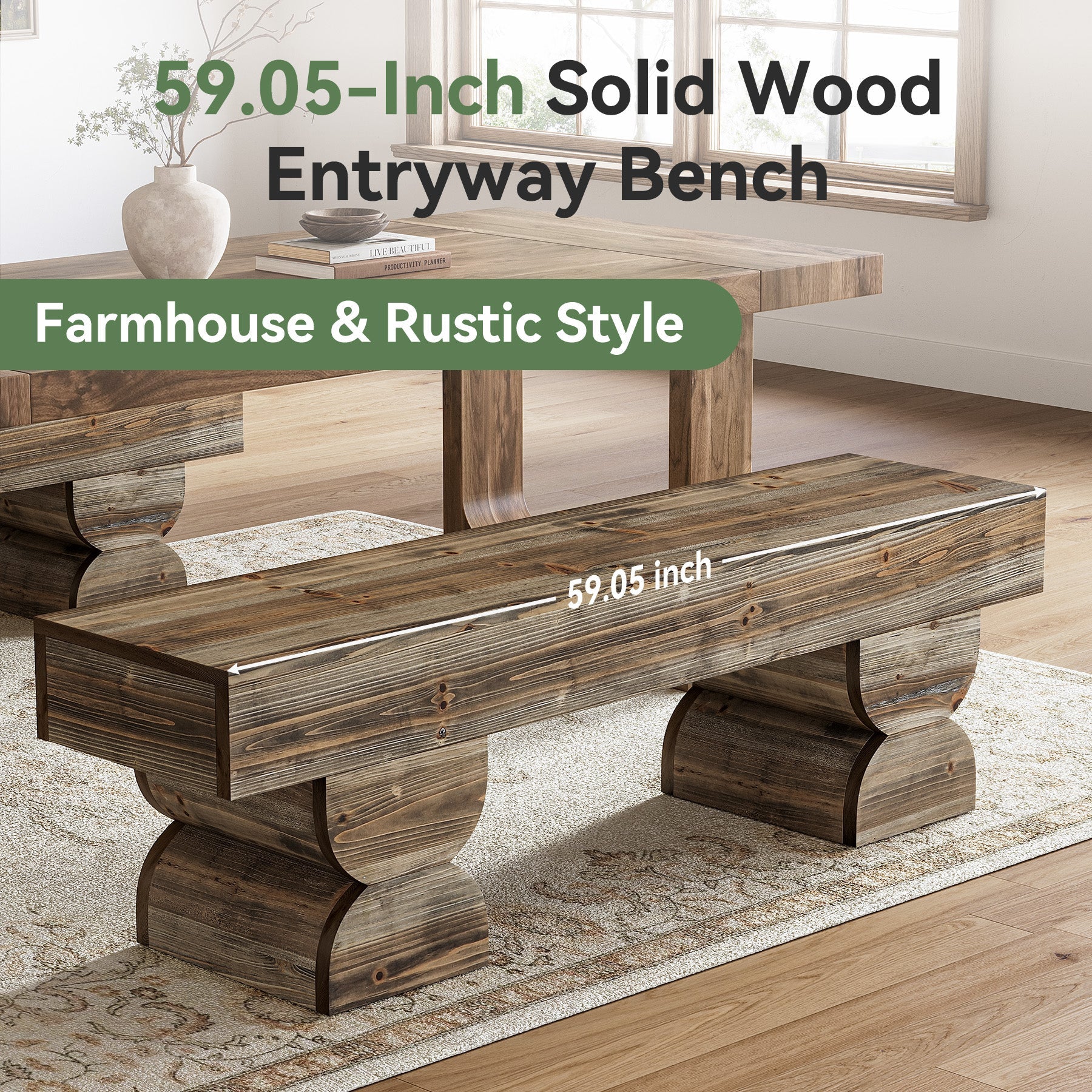 59" Dining Bench, Wood Kitchen Stool with Sturdy Double Pedestal