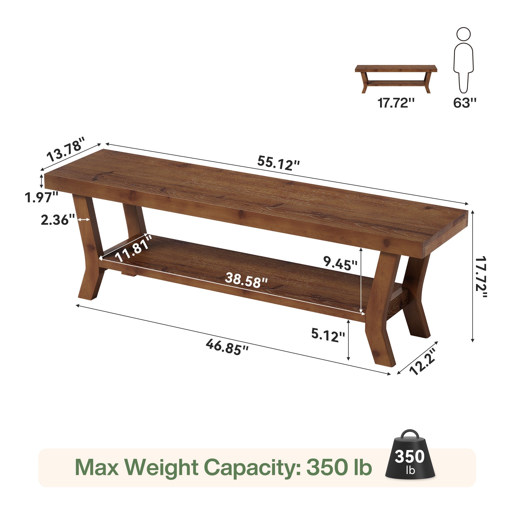 55-Inch Solid Wood Entryway Bench with Lower Shoe Shelf, Farmhouse Seat for Hallway