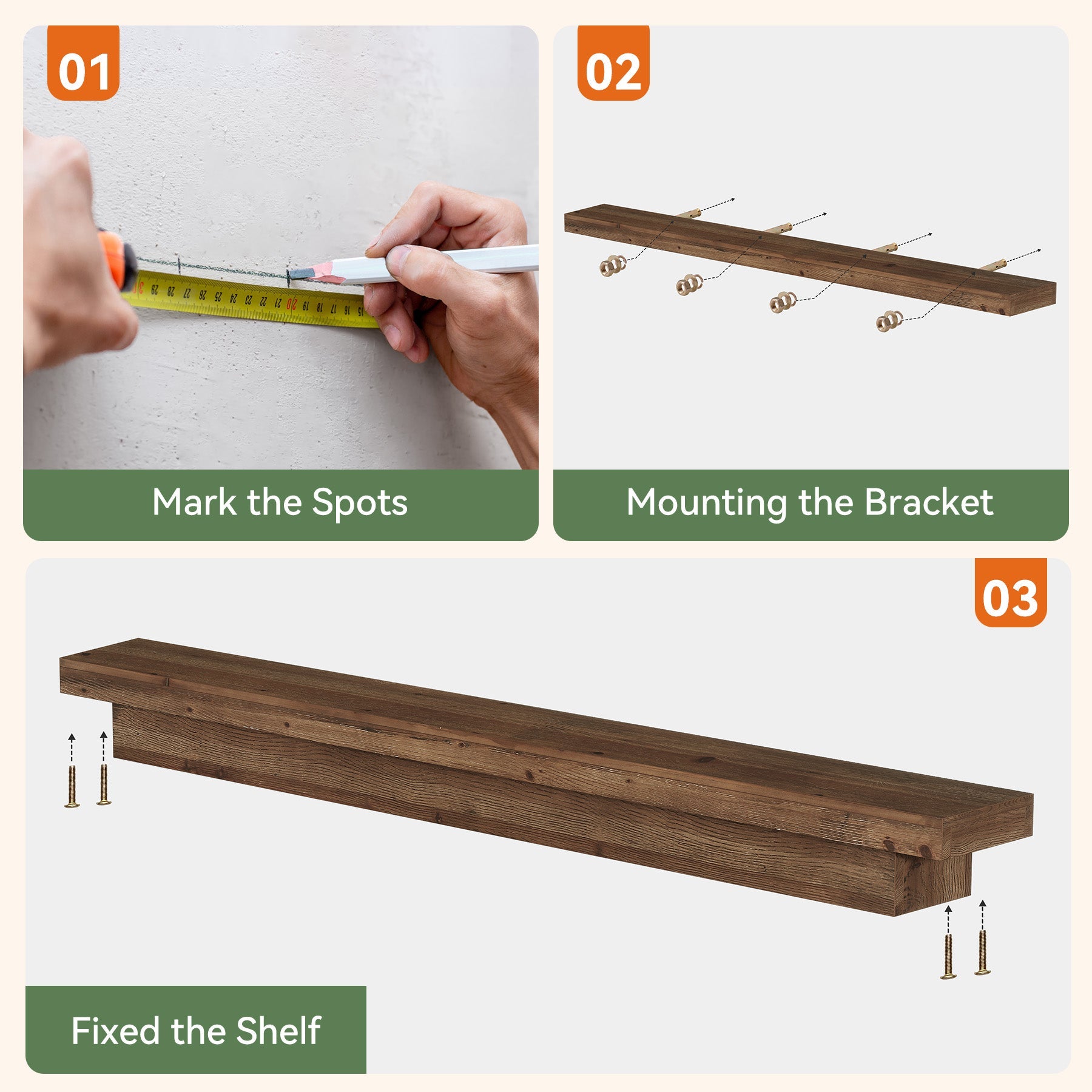 Solid Wood Fireplace Mantel, 70.9" Wall-Mounted Floating Shelves for Living Room