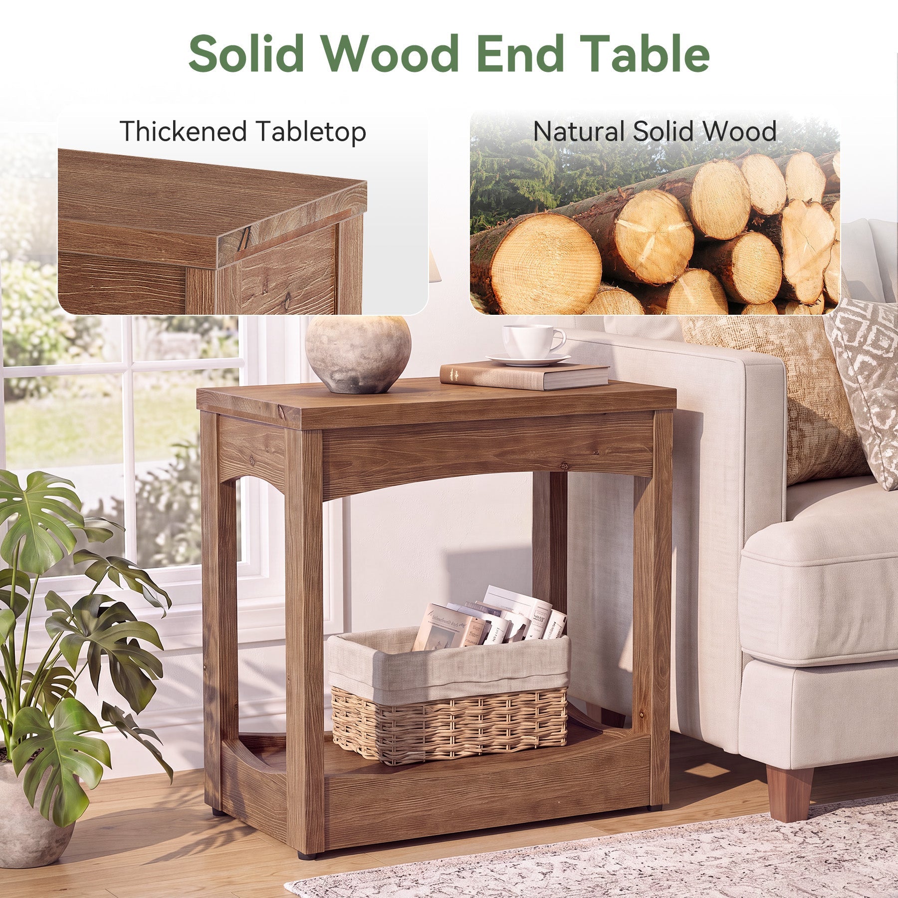 23.62" Solid Wood End Table, Rectangle Side Table with 2-Tier Shelf for Small Spaces