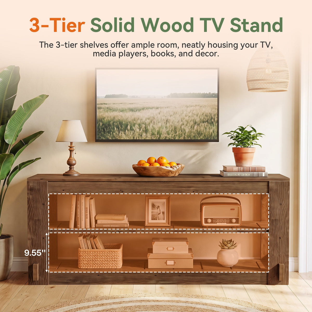 63" Solid Wood TV Stand, 3-Tier Media Entertainment Center for Living Room
