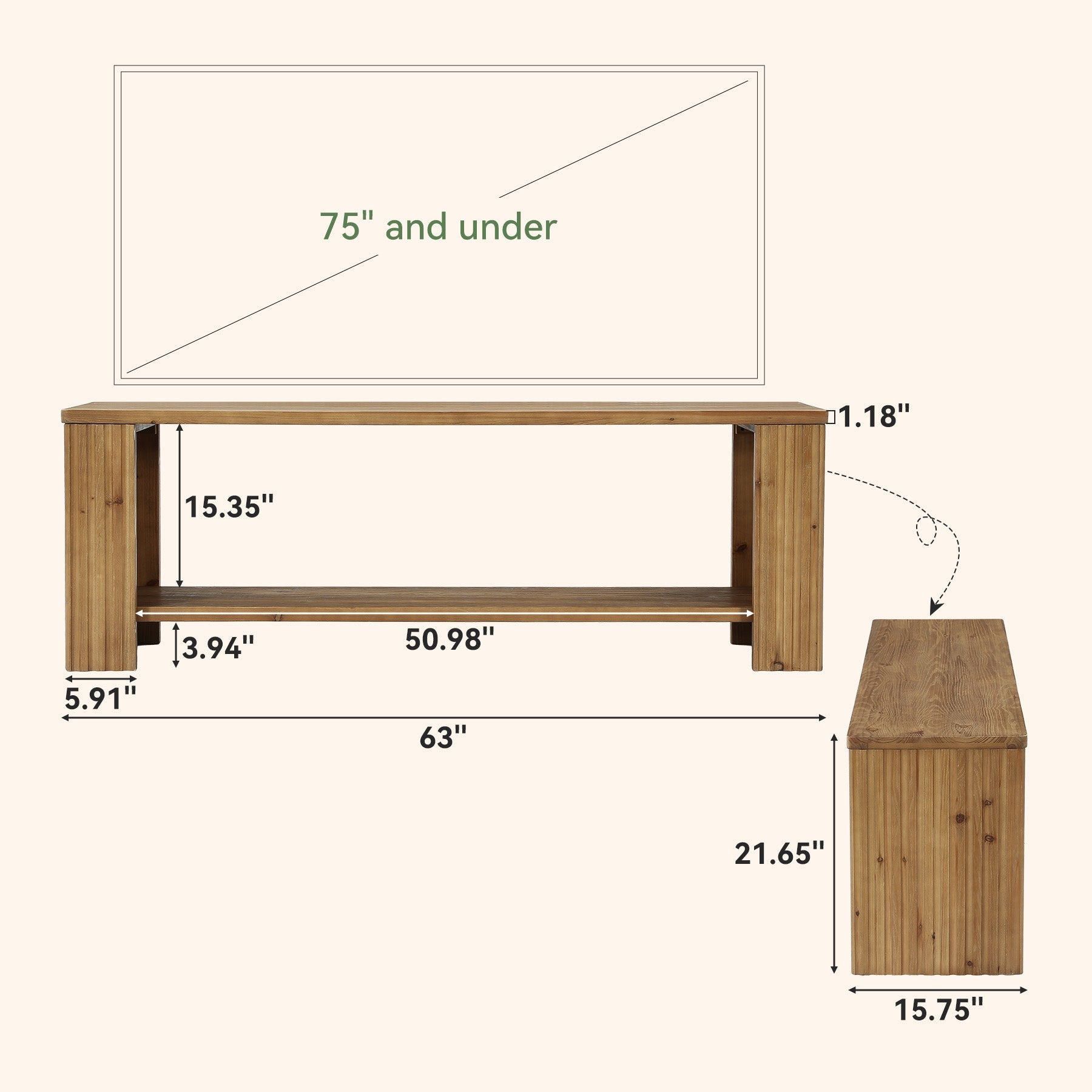 Solid Wood TV Stand, 63" Entertainment Center with 2-Tier Storage Shelf
