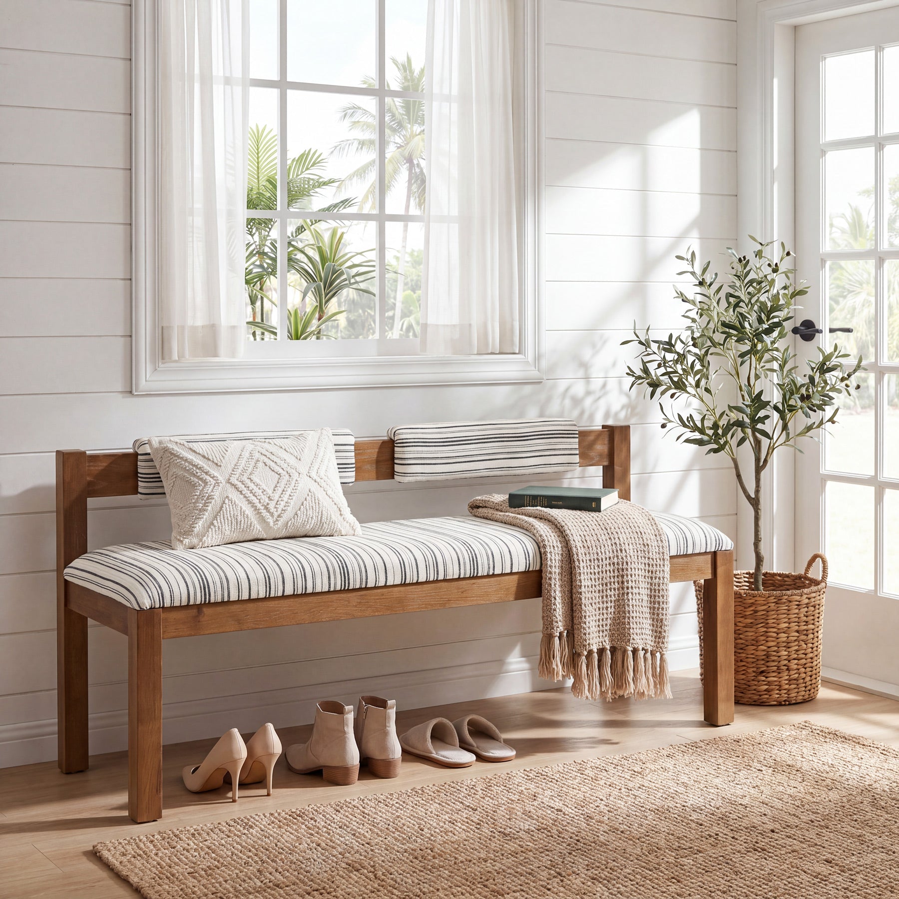 Wood Dining Bench, 55" Upholstered Kitchen Bench with Backrest & Chenille Cushion