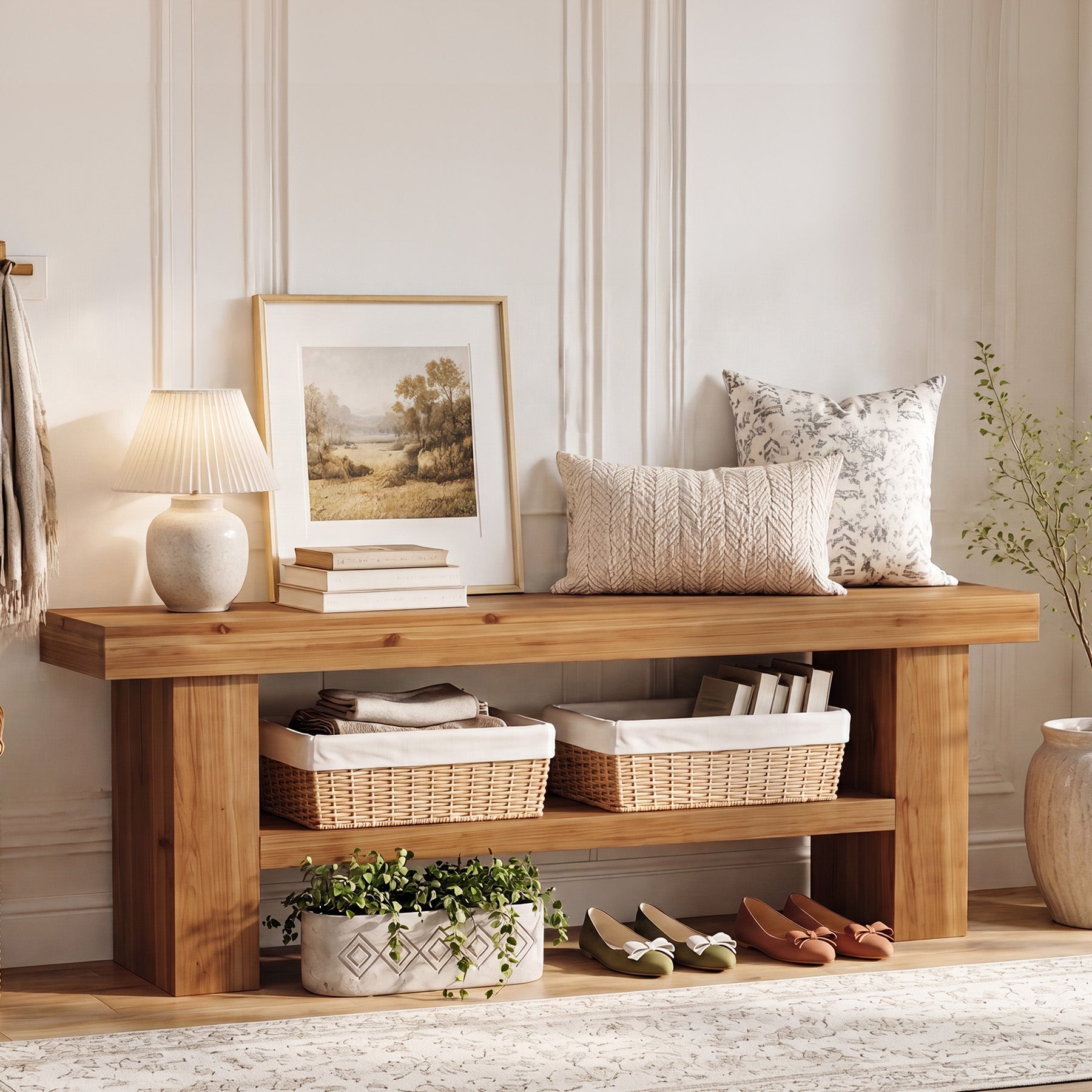 63" Solid Wood Entryway Bench, 2-Tier End of Bed Bench for Hallway, Bedroom