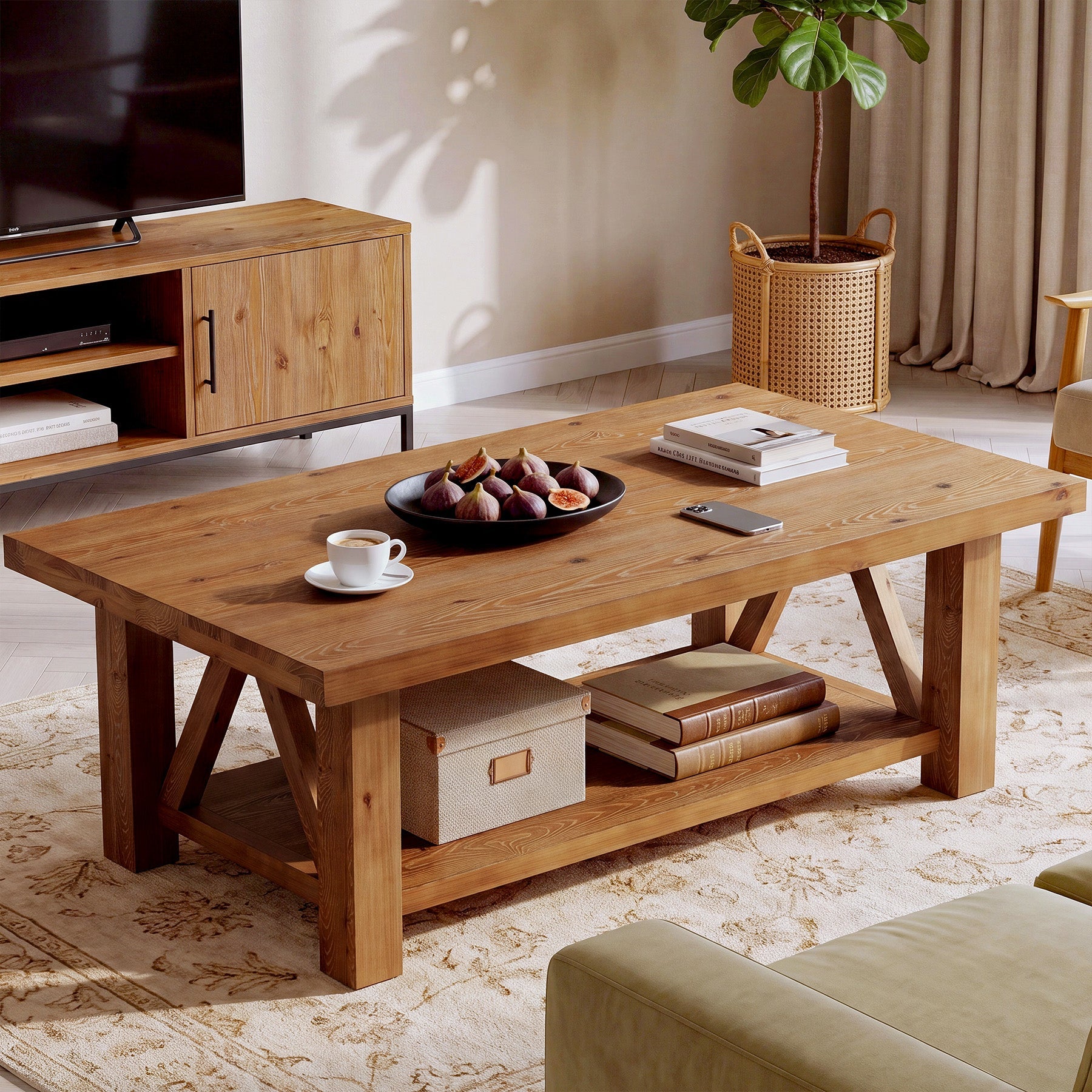55" Rectangular Coffee Table, 2-Tier Solid Wood Center Table for Living Room