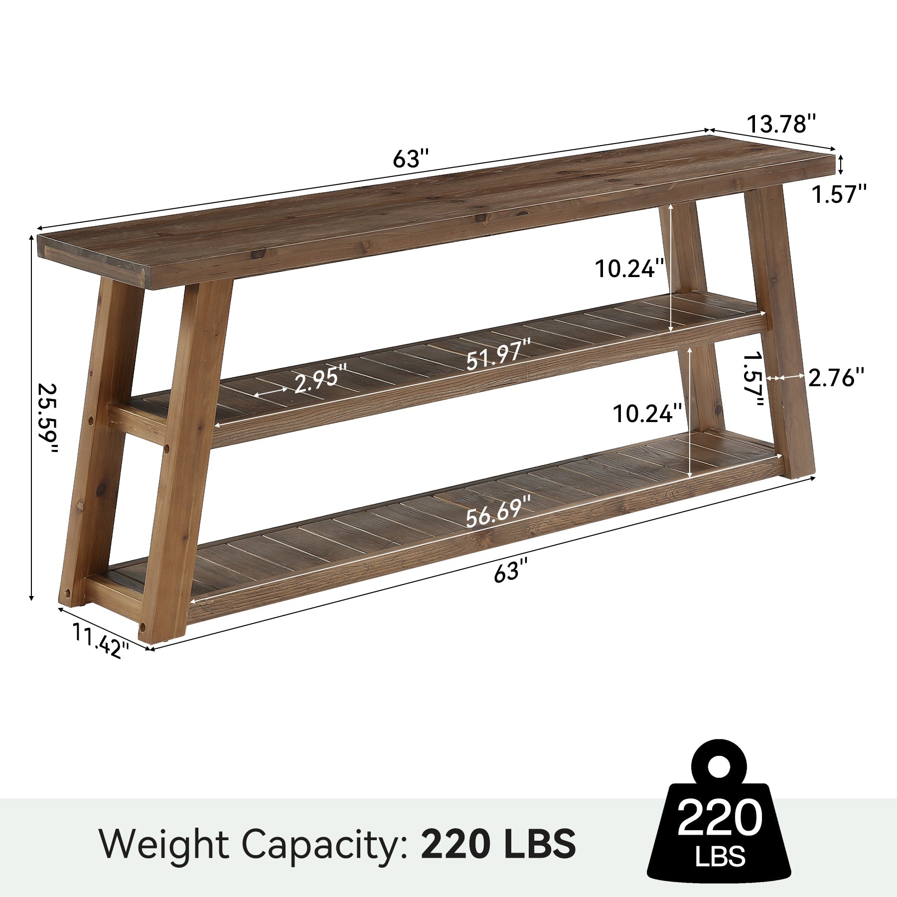 63" Solid Wood Entryway Bench with Storage, 3-Tier Shoe Bench with Open Shelves