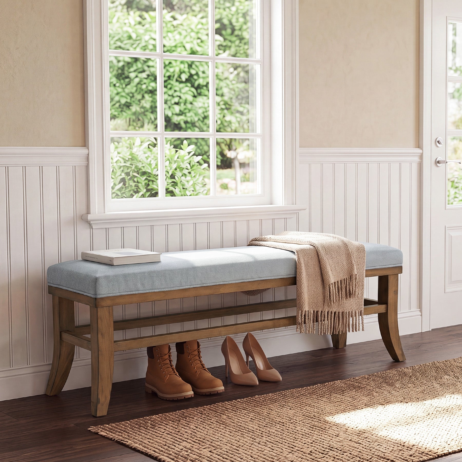 55" Upholstered Entryway Bench, Solid Wood Linen Bedroom Bench for Hallway