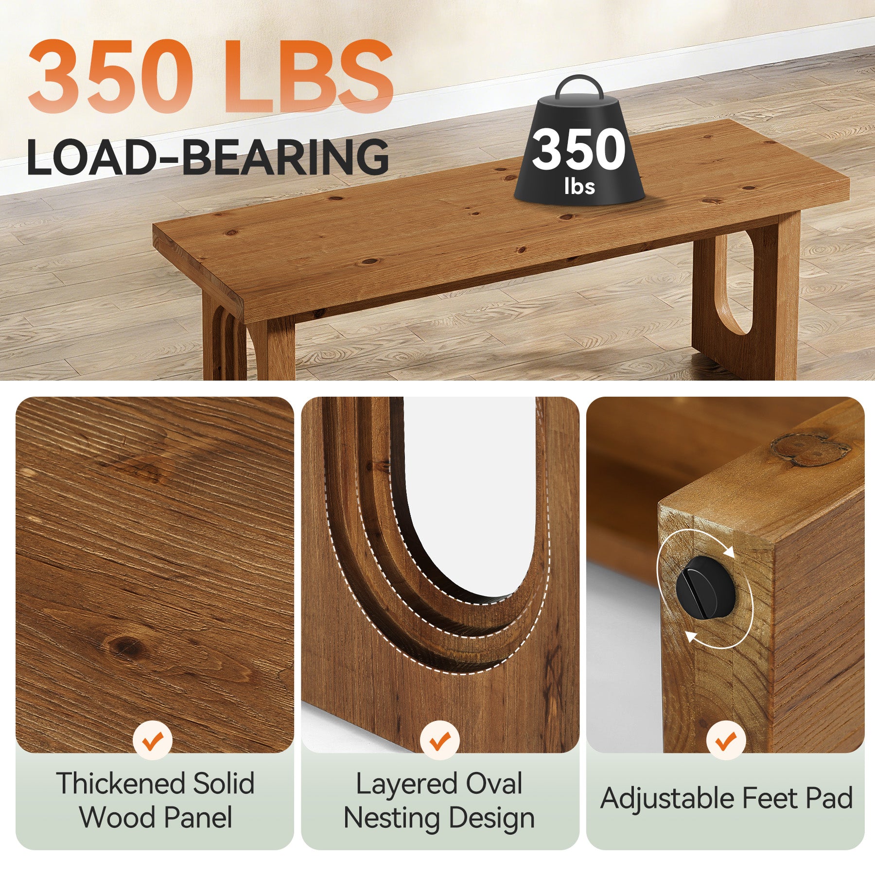 Solid Wood Entryway Bench, 43.3" Farmhouse Shoe Bench with Hollowed Legs