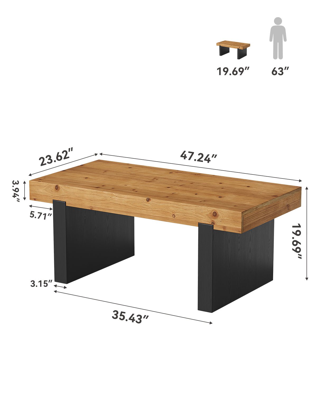 Rectangle Solid Wood Coffee Table, 47.2" Two-Tone Center Table for Living Room