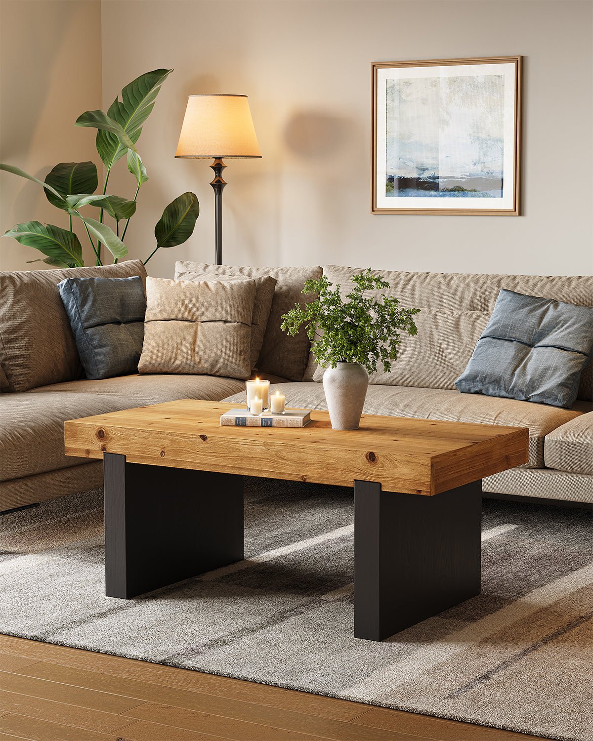 Rectangle Solid Wood Coffee Table, 47.2" Two-Tone Center Table for Living Room