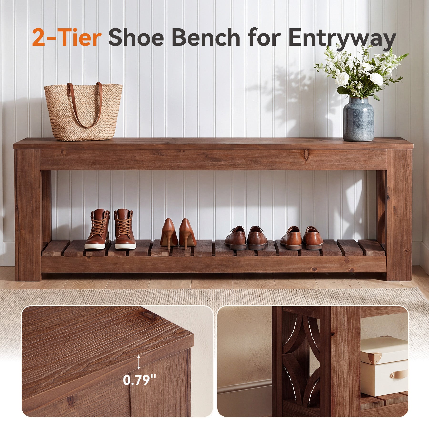 63" Solid Wood Entryway Bench, 2-Tier Shoe Storage Bench with Shelves for Hallway