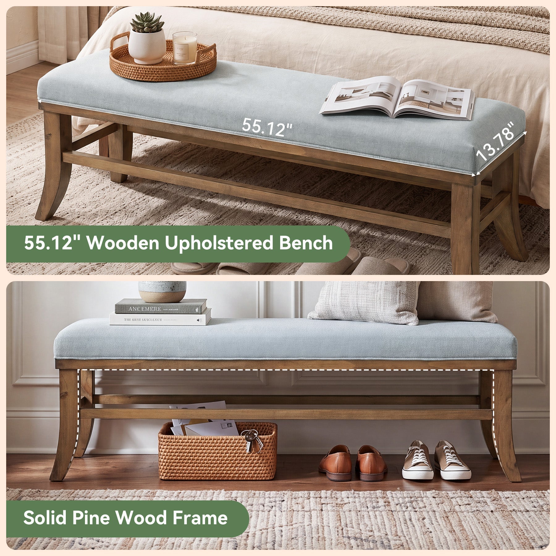 55" Upholstered Entryway Bench, Solid Wood Linen Bedroom Bench for Hallway